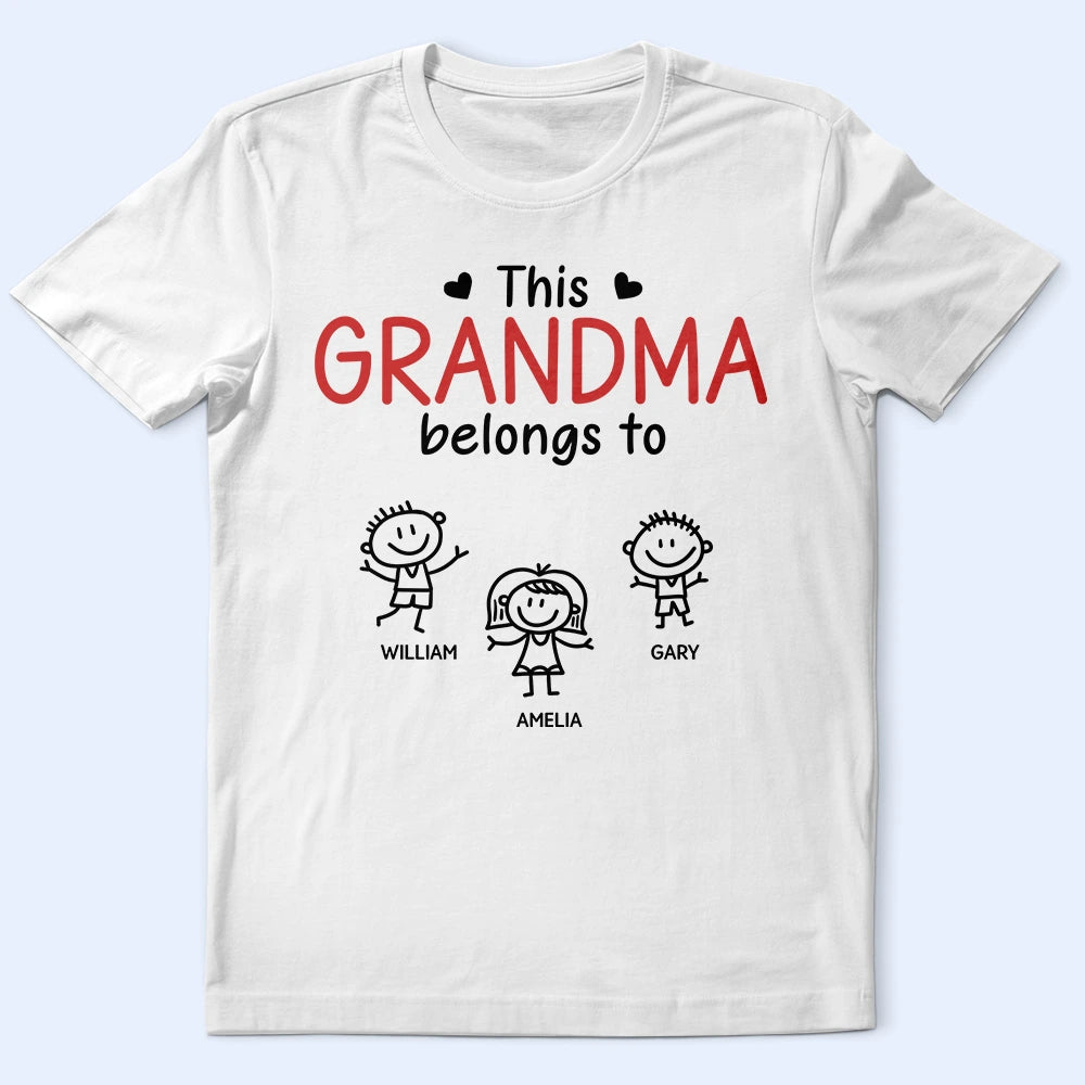 Personalized Grandma T-Shirt – "This Grandma Belongs To" with Kid Stick Figures, Custom Family Names, Mother's Day Gift for Grandma