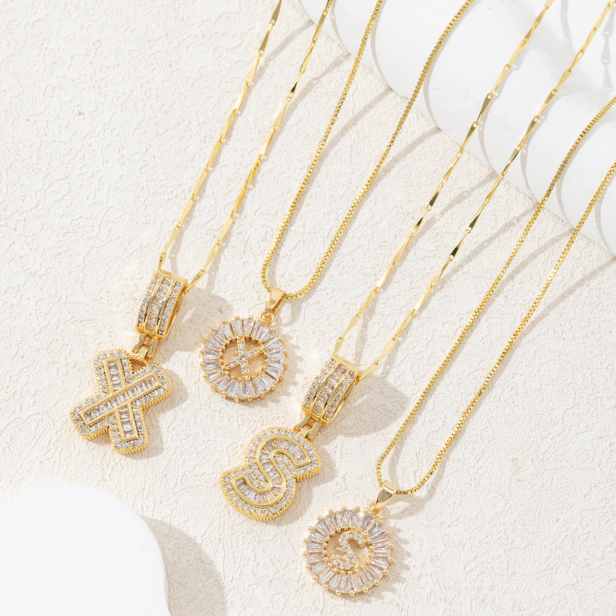 Baguette & Round Two-Style Iced Out Initial Letter Necklace, Gold Plated Cubic Zirconia Personalized Alphabet Pendant Chain, Hip Hop Custom Name Jewelry Gift
