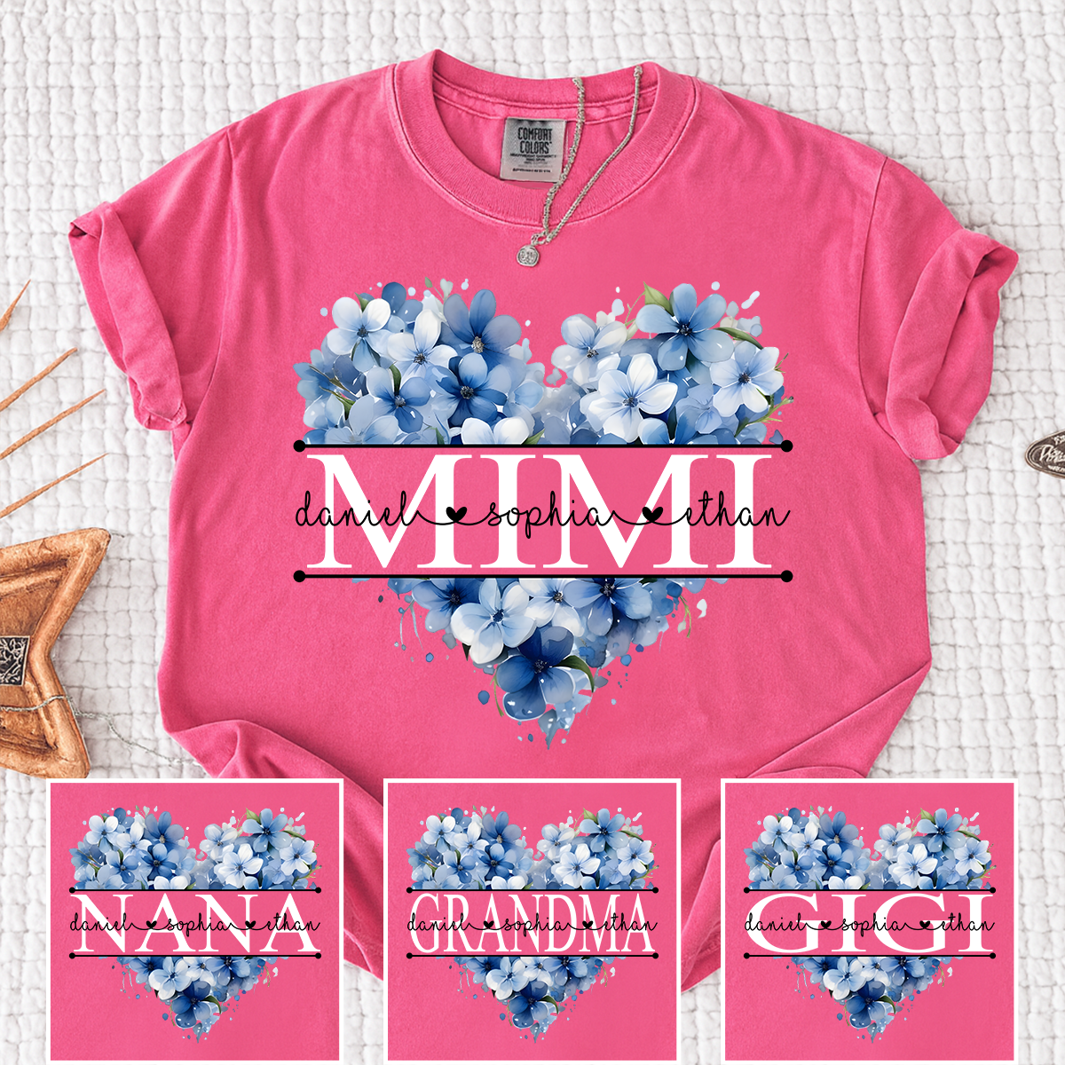 Personalized Blue Floral Heart MIMI/NANA/GRANDMA/GIGI T-Shirt - Custom Grandkids Names, Gift for Grandma