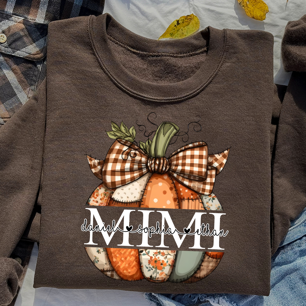 Personalized Fall Pumpkin Sweatshirt with Family Names – Custom Grandma Nickname Patchwork Autumn Crewneck