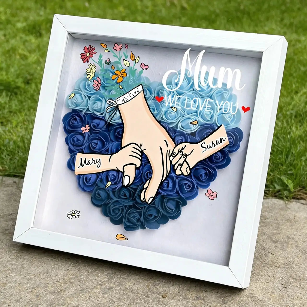 Custom Mum Heart Rose Shadow Box - Personalized Hand in Hand with Kids Names - Mother's Day Gift