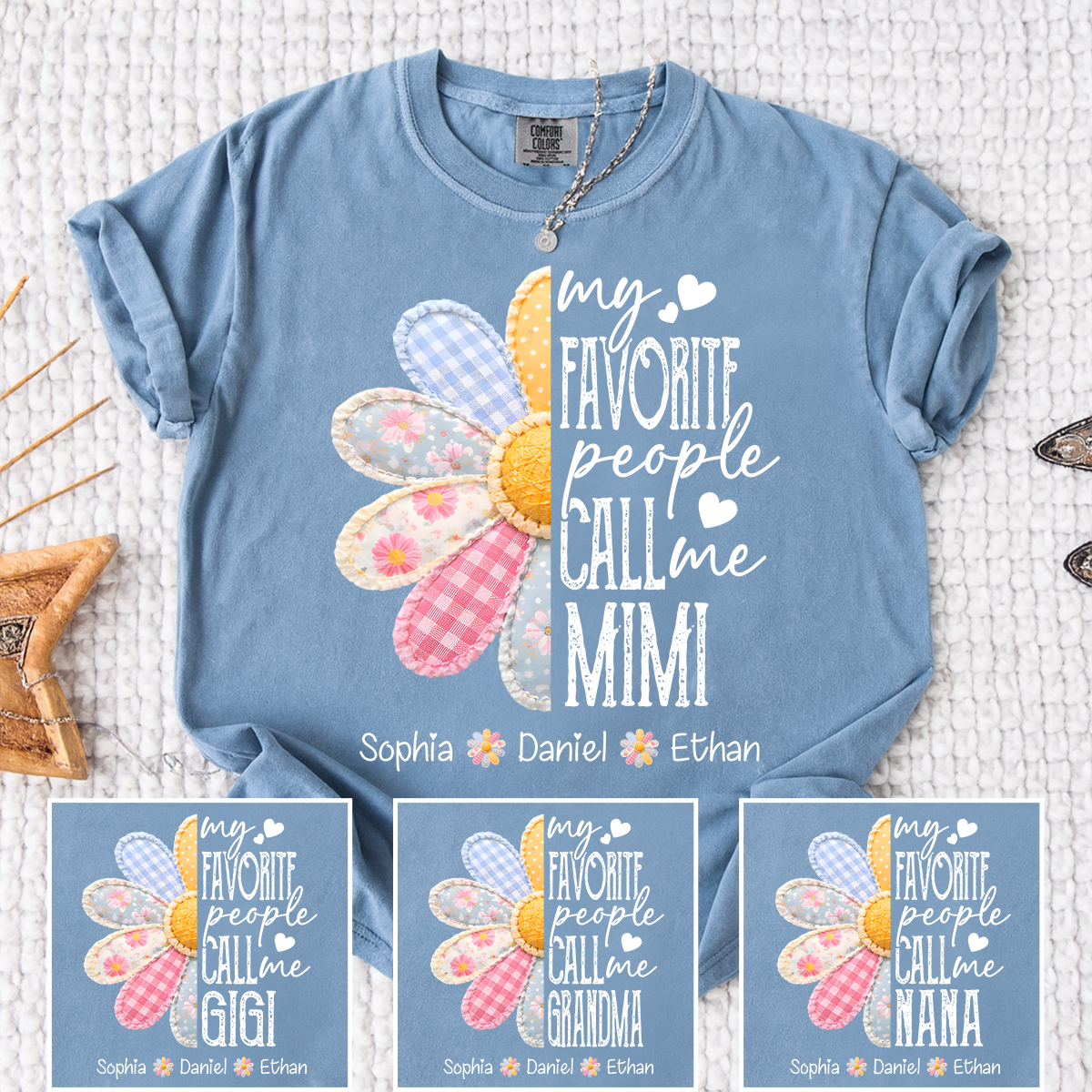 Personalized Mimi T-Shirt – Floral Design with “My Favorite People Call Me Mimi”, Custom Family Names on Sleeve, Grandma Gift