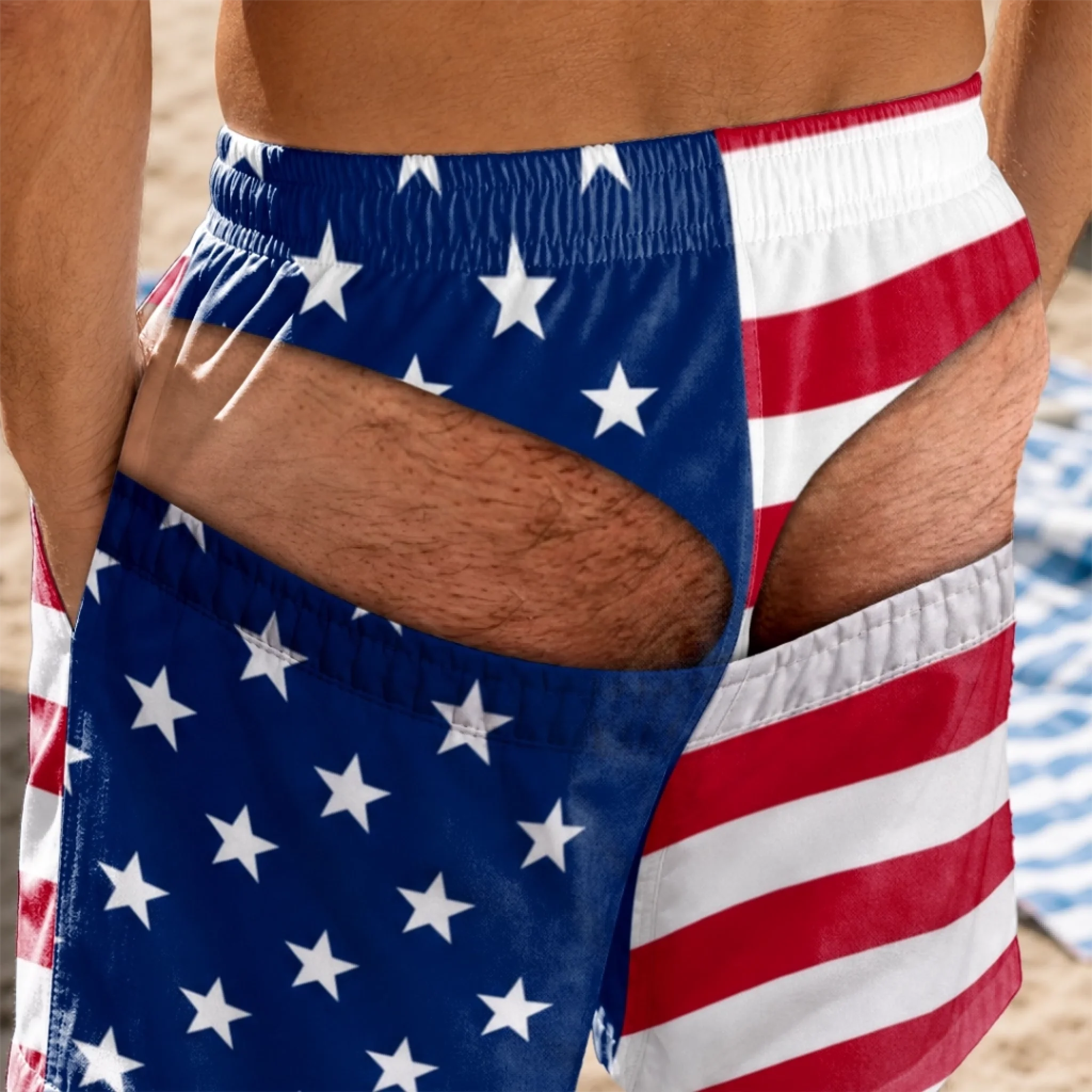 Custom Funny Men’s Swim Trunks with Tropical Rear View Illusion – Beach Prank, Birthday & Vacation Gift for Him