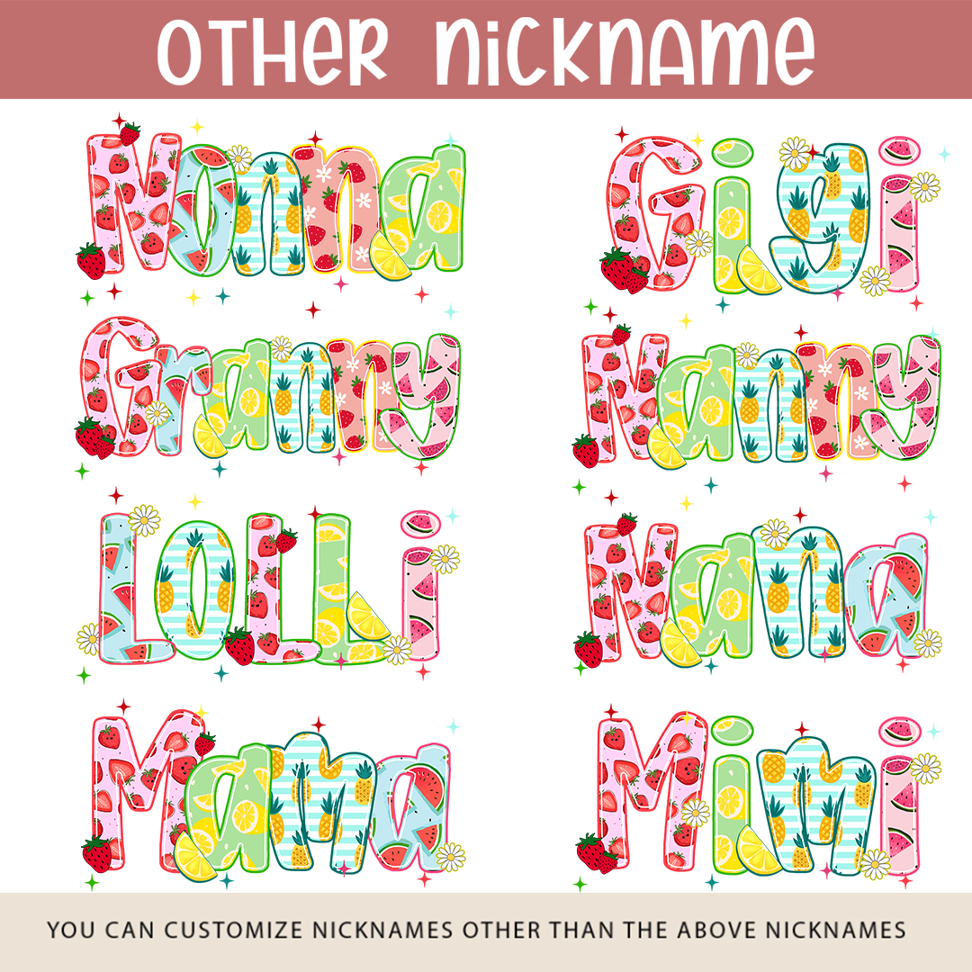 Personalized Grandma Nickname Shirt with Grandkids’ Names – Colorful Summer Fruit Preppy T-Shirt