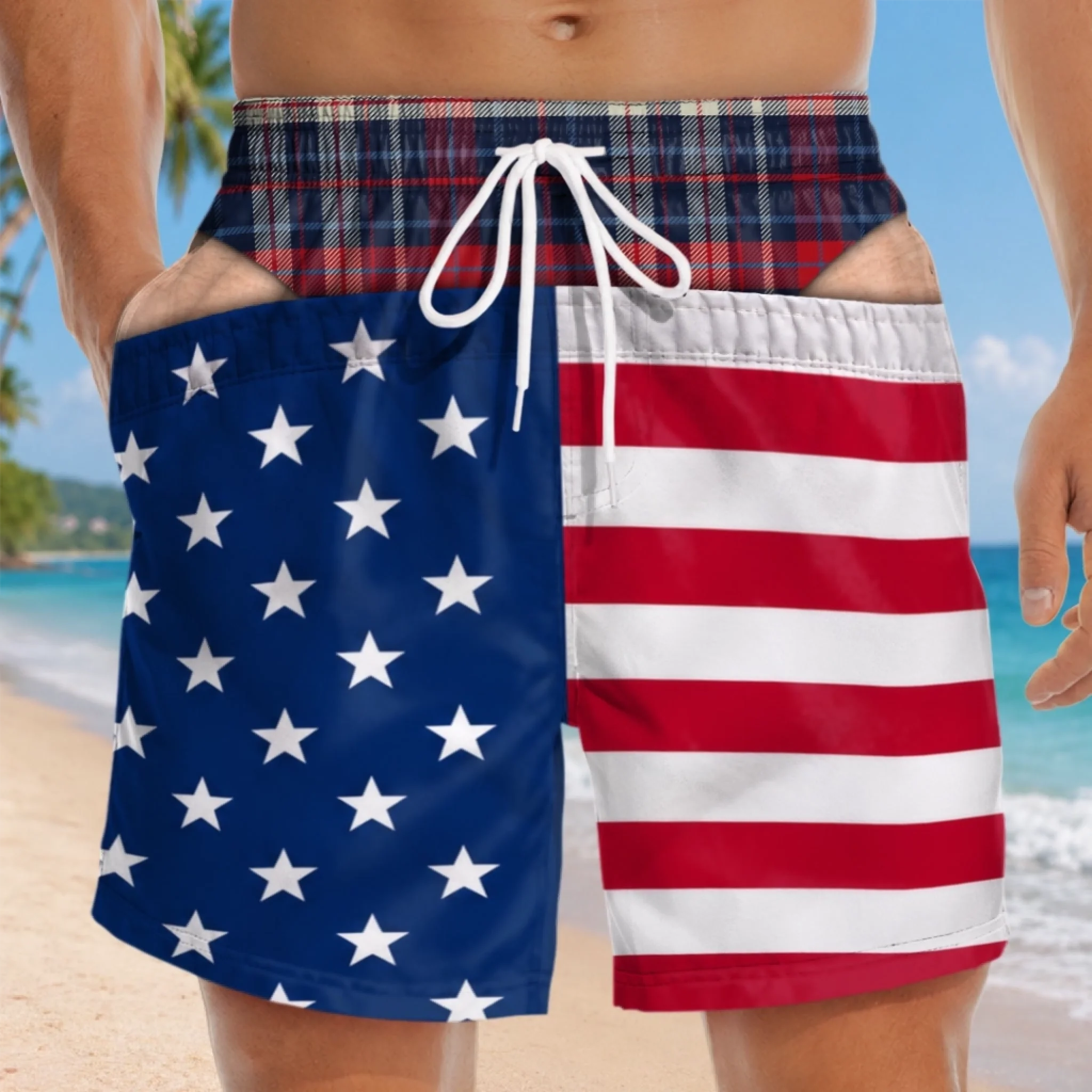 Custom Funny Prank Men’s Swim Trunks, Personalized Fake Butt Swim Shorts with Plaid Underwear Print, Hilarious Summer Vacation Gift for Dad, Husband, Son, Brother, Grandpa