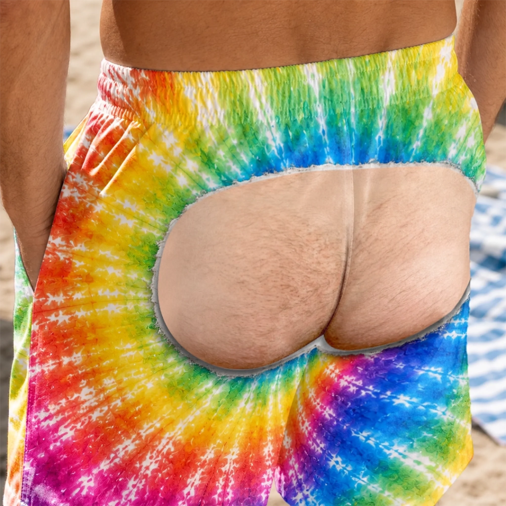 Custom Funny Tie‑Dye Prank Men’s Swim Trunks, Personalized Fake‑Butt Novelty Swim Shorts, Hilarious Beach Pool Birthday Gift for Dad, Husband, Son, Brother, Grandpa