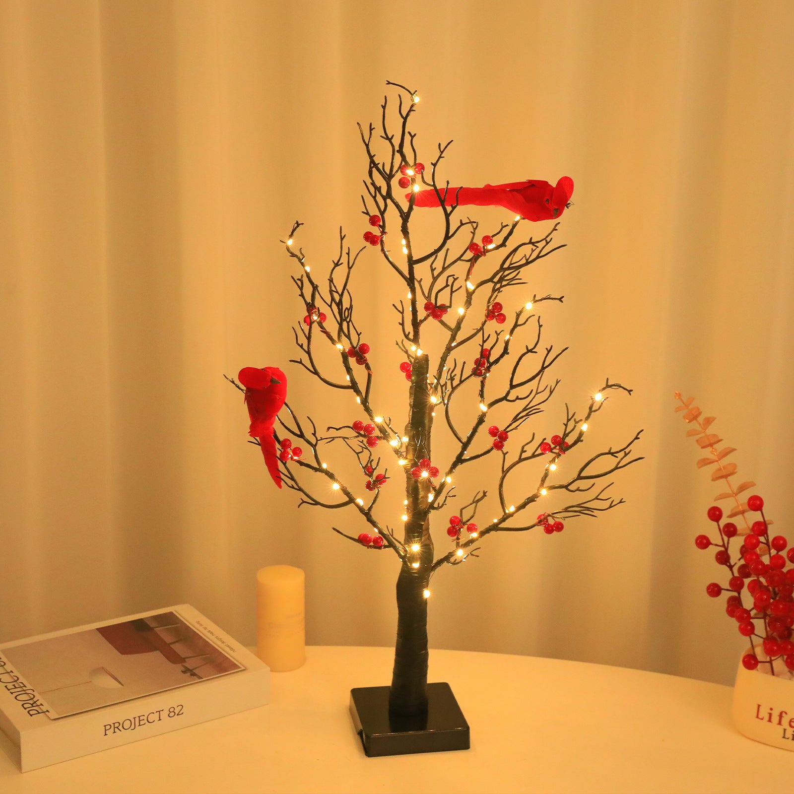 Cardinal Bird Tabletop LED Tree Light, Warm Light Artificial Twig Tree Lamp with Red Berries & Red Cardinal Birds, Indoor Desk Decor Light for Bedroom Living Room Holiday Home Decor