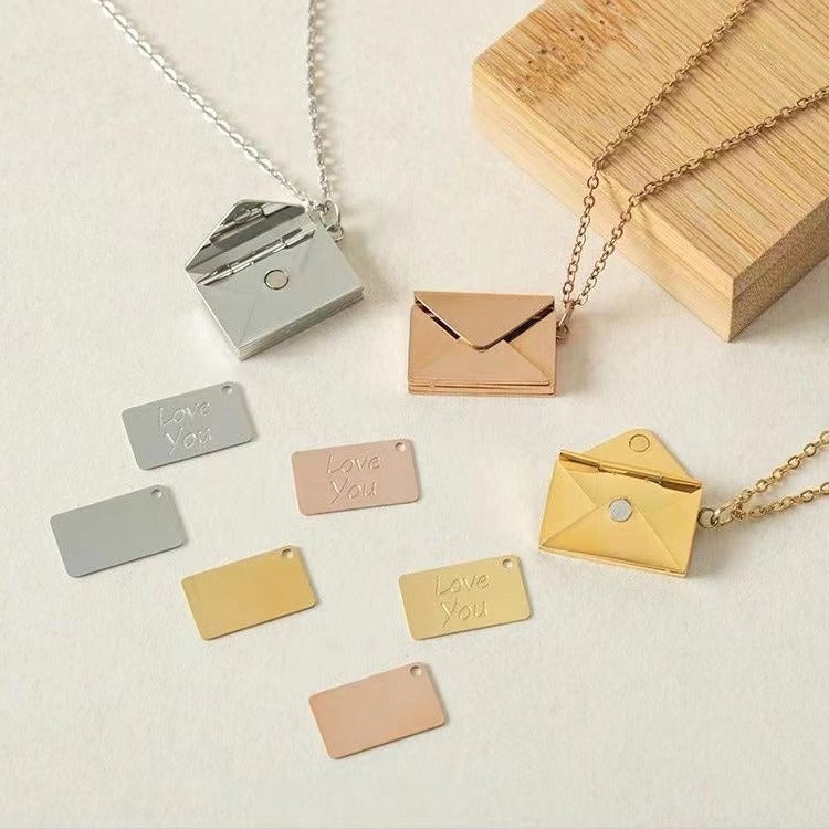 Custom Engraved Envelope Locket Necklace, Secret Message Love Letter Pendant Jewelry, Personalized Stainless Steel Gift for Lovers, Couples, Anniversary