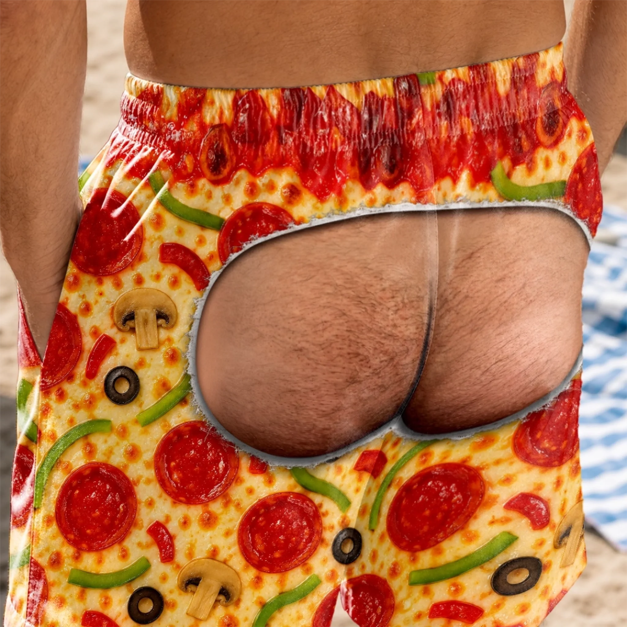 Custom Funny Food‑Themed Prank Men’s Swim Trunks, Personalized Fake Butt Novelty Swim Shorts, Hilarious Beach Pool Birthday Gift for Dad, Husband, Son, Brother, Grandpa