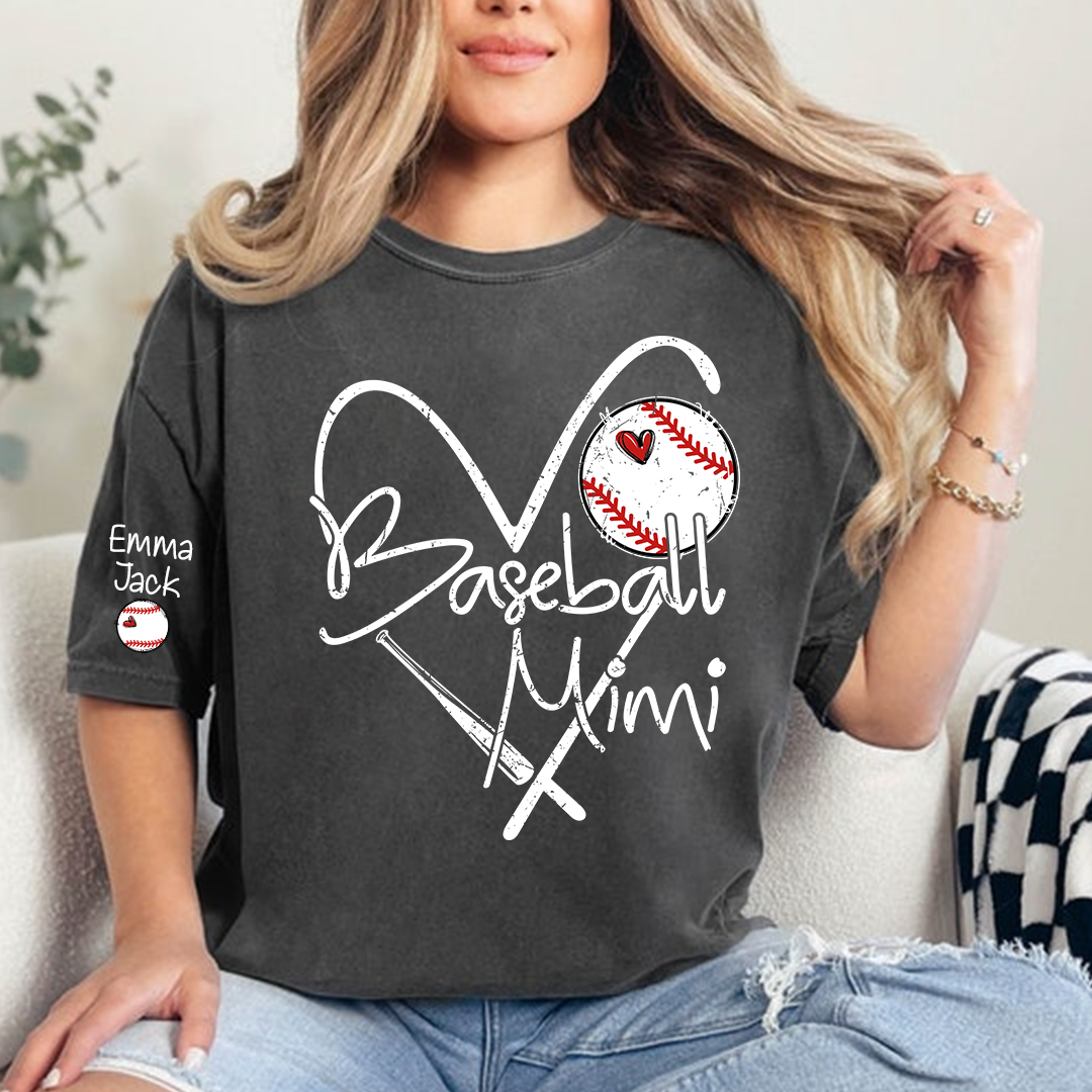 Personalized Baseball Mimi T-Shirt - Custom Grandkids Names Sleeve, Heart & Baseball Design Gift for Mimi