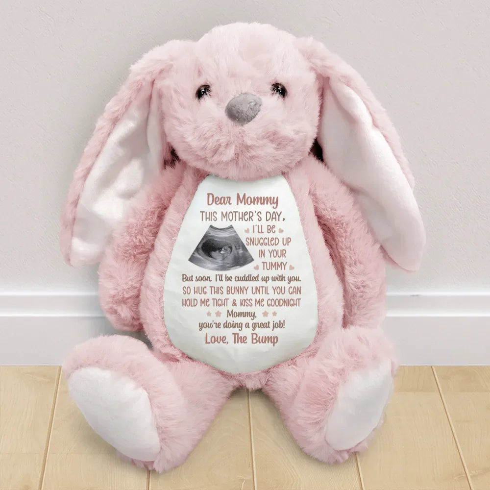 Personalized Ultrasound Photo Bunny – “Snuggled Up In Your Tummy” Soft Toy, Mother’s Day Gift for Expecting Mom