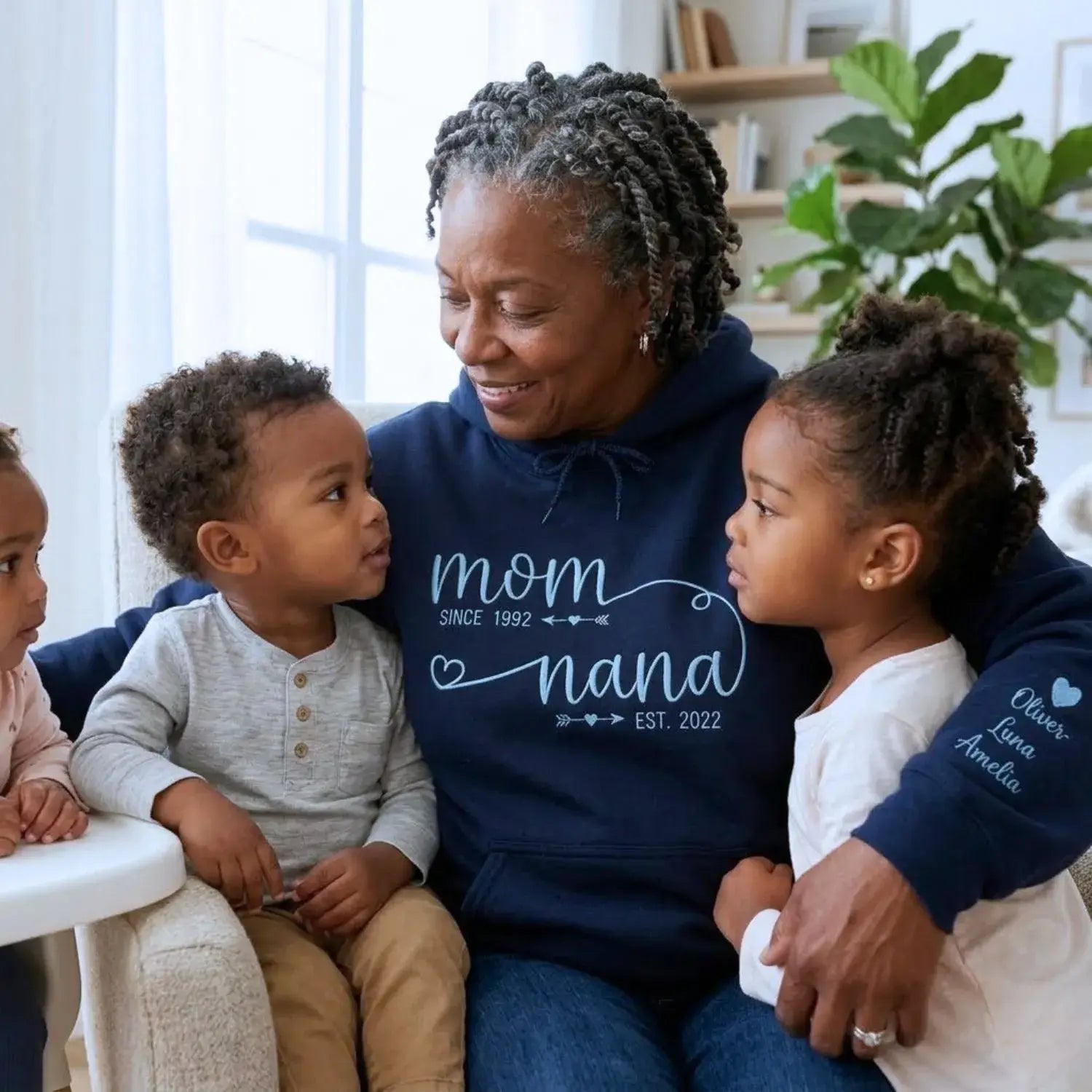 Custom Mom Nana Since Est Sweatshirt - Embroidered Kids Names Sleeve Design