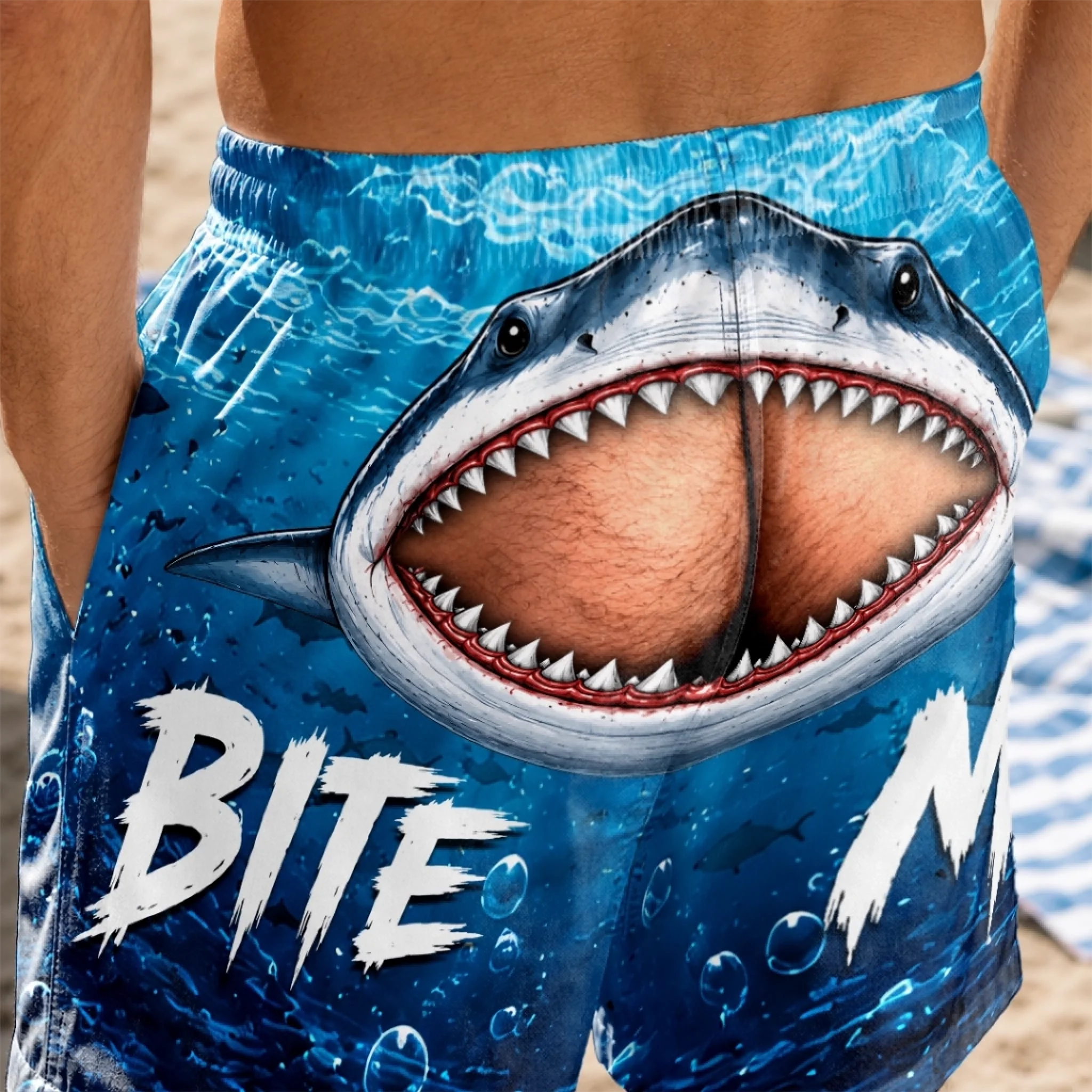 Custom Funny Shark Bite Me Prank Men’s Swim Trunks, Personalized Fake‑Butt Novelty Swim Shorts, Hilarious Beach Pool Birthday Gift for Dad, Husband, Son, Brother, Grandpa
