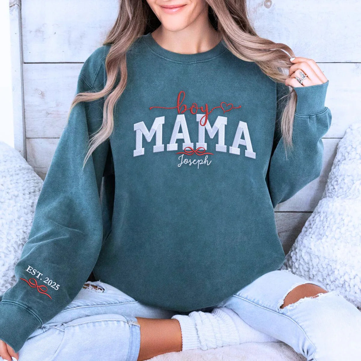 Custom Boy Mama Sweatshirt or Hoodie with Embroidered Kids Names on Chest