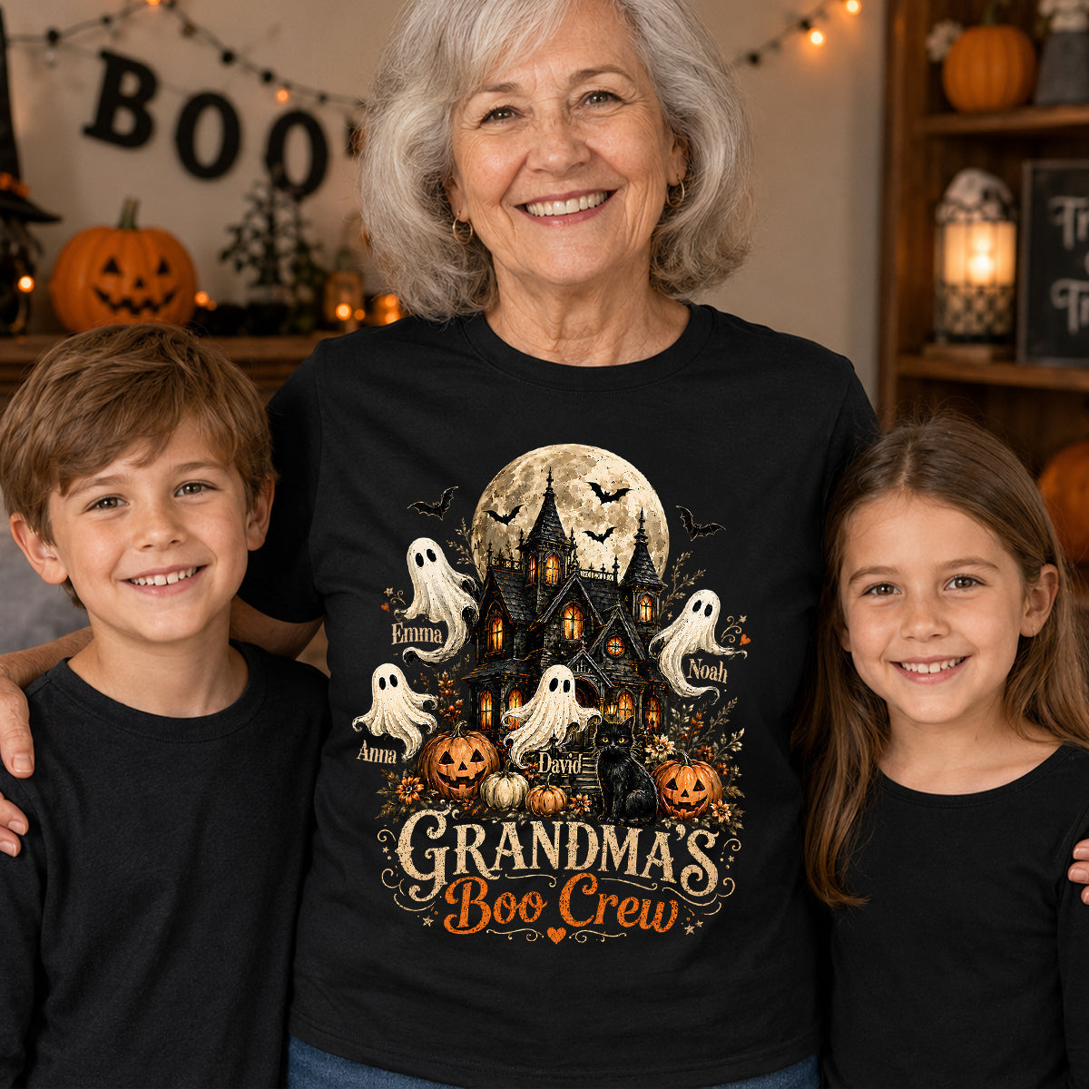 Personalized Grandma’s Boo Crew Shirt with Grandkids’ Names – Haunted House Halloween Gift for Grandma