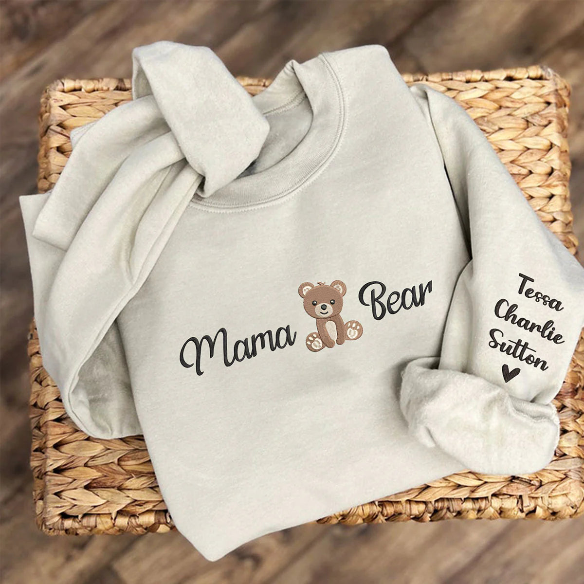 Custom Mama Bear Sweatshirt or Hoodie with Embroidered Kids Name on Sleeve