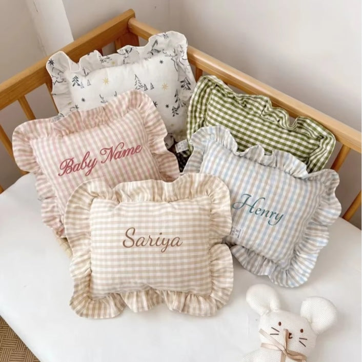 Personalized Embroidered Name Nordic Linen Baby Soothing Pillow - Ruffled Edge Washable Small Square Pillow