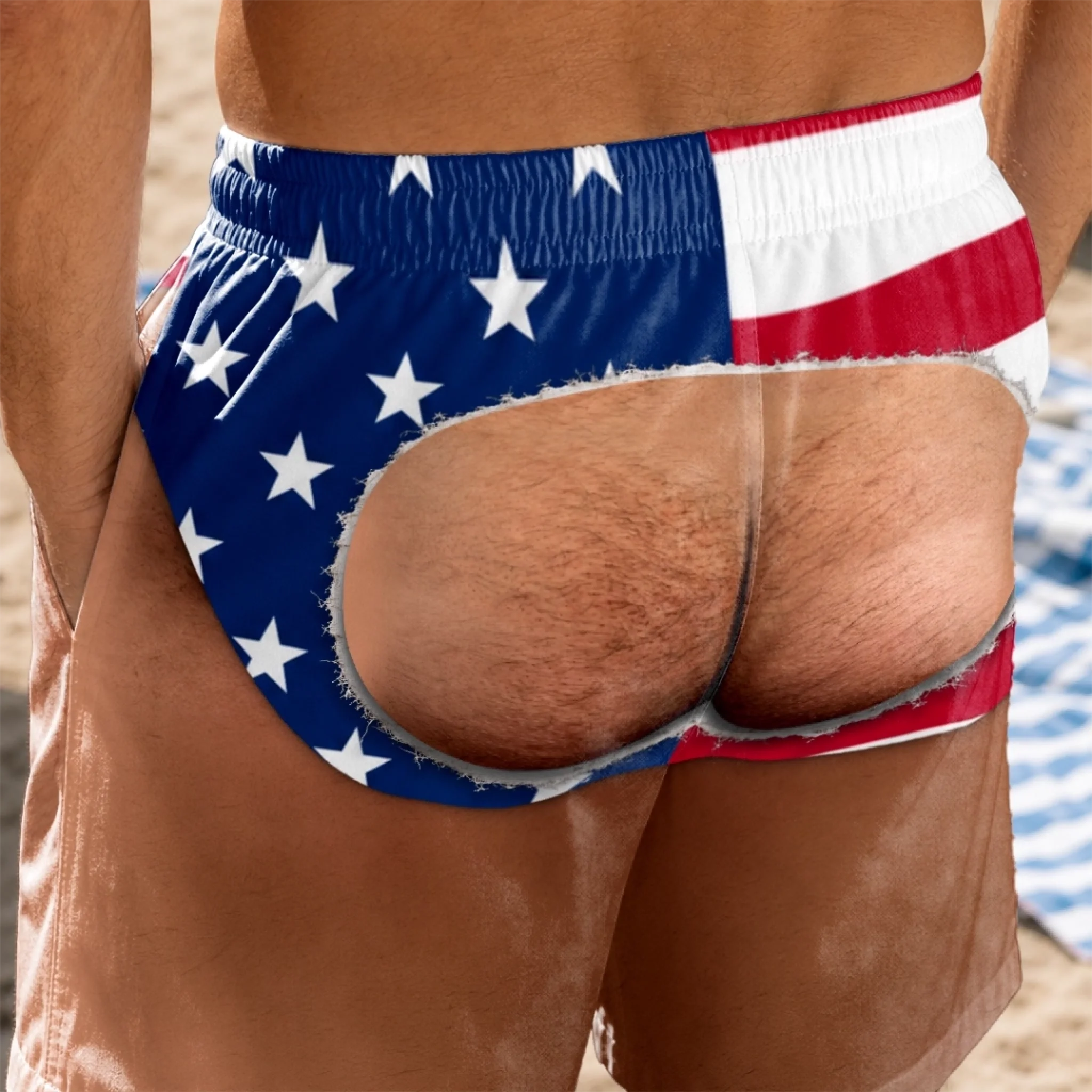 Custom Funny Patriotic & Leopard Prank Men’s Swim Trunks, Personalized Fake Butt Novelty Swim Shorts, Hilarious Beach Pool Birthday Gift for Dad, Husband, Son, Brother, Grandpa