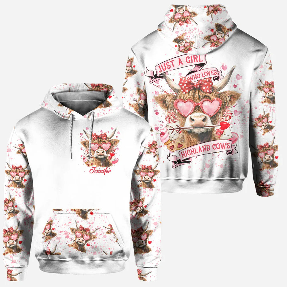 Custom "Just A Girl Who Loves Highland Cows" Outfit - Personalized Hoodie & Leggings Set with Name