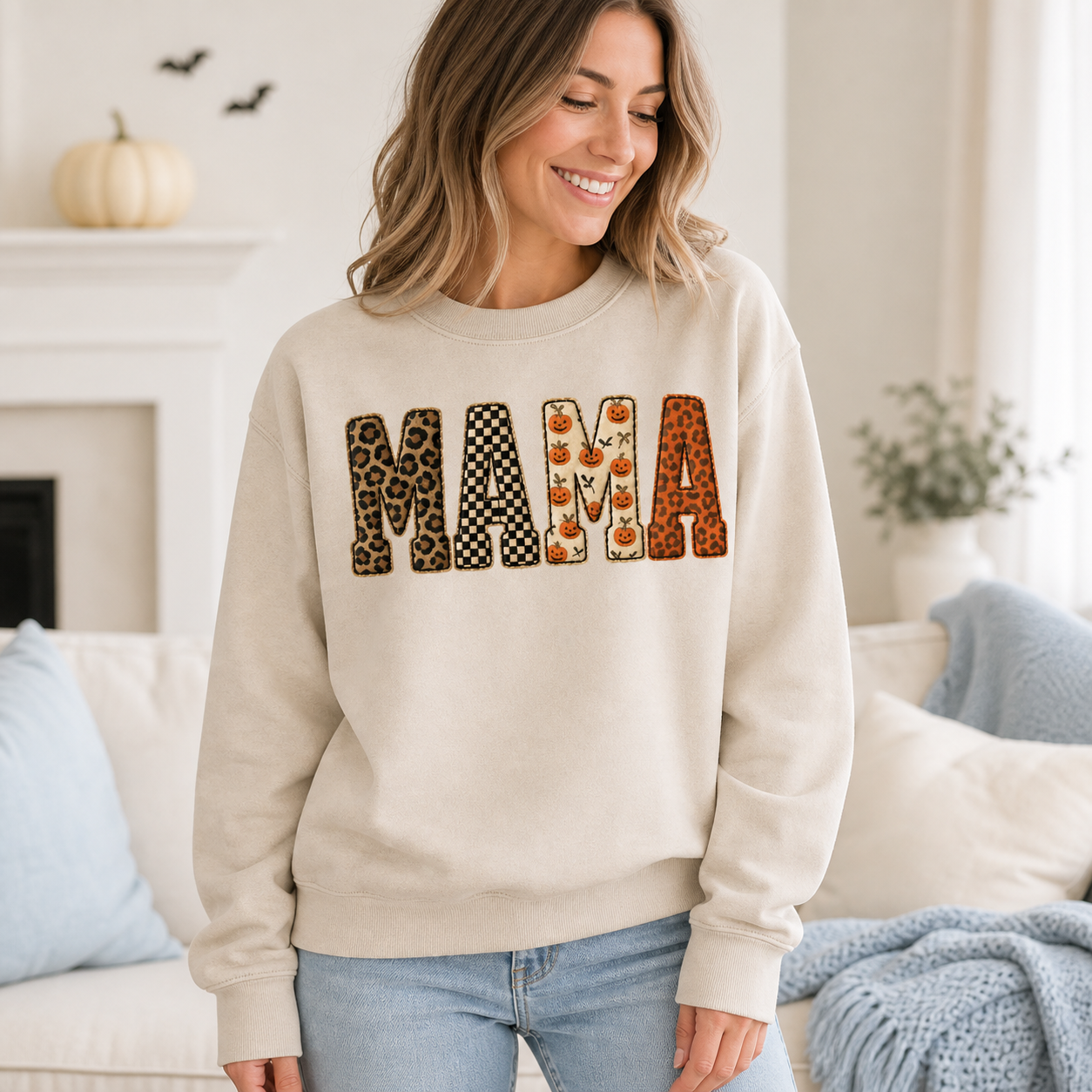 MAMA Patchwork Pumpkin Sweatshirt – Leopard & Checkerboard Fall Crewneck, Halloween Gift for Mom
