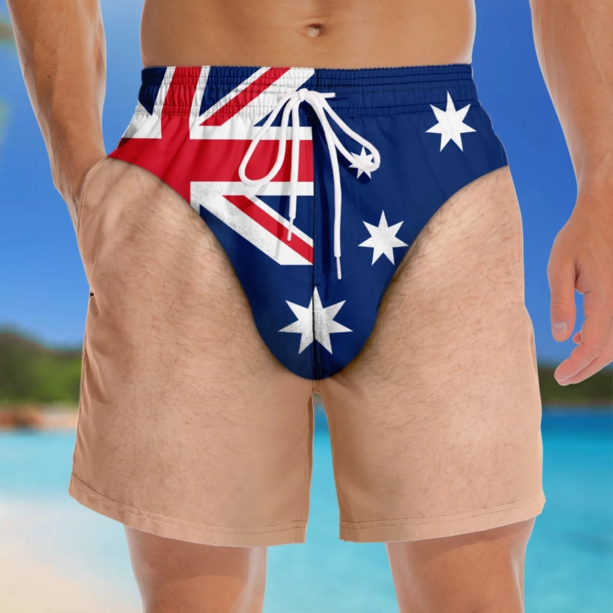 Custom Funny Men‘s Swim Trunks – Personalized Summer Vacation Beach Shorts, “Born For Summer” Gift for Him with Skin Tone Choice