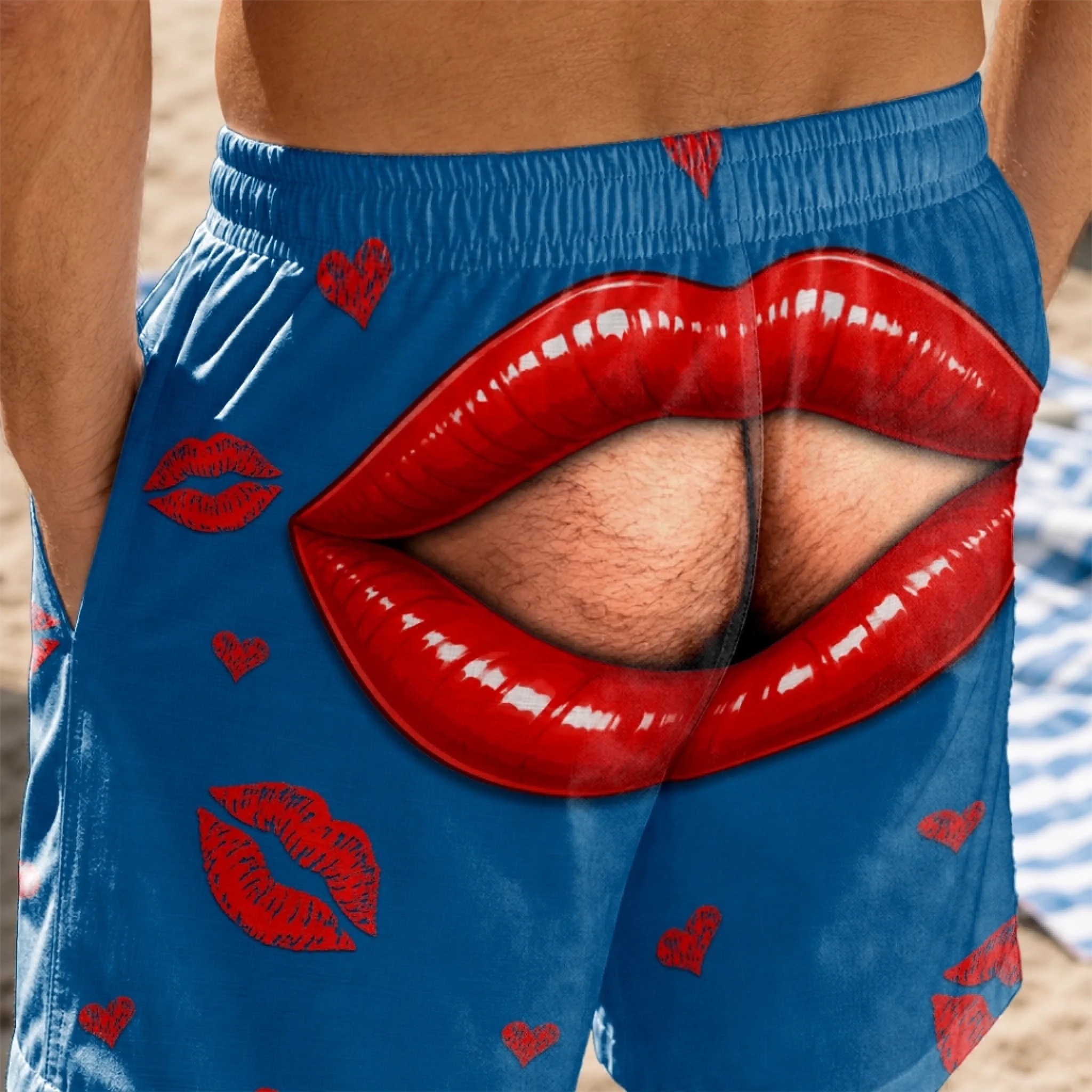 Custom Funny Lips Prank Men’s Swim Trunks, Personalized Fake Butt Novelty Swim Shorts, Hilarious Beach Pool Birthday Gift for Dad, Husband, Son, Brother, Grandpa