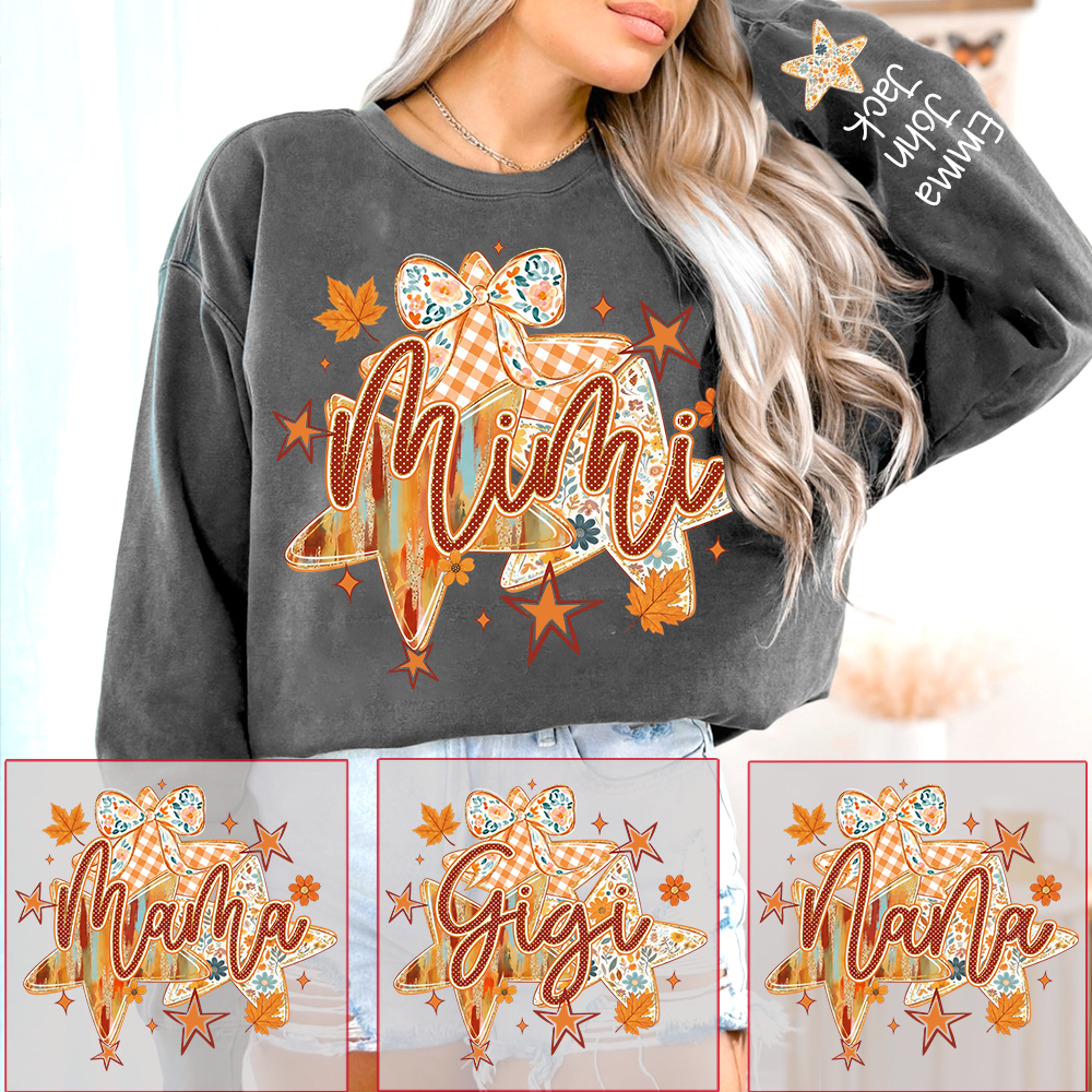 Personalized Grandma Shirt with Grandkids’ Names – Cute Fall Star & Bow Graphic Gift