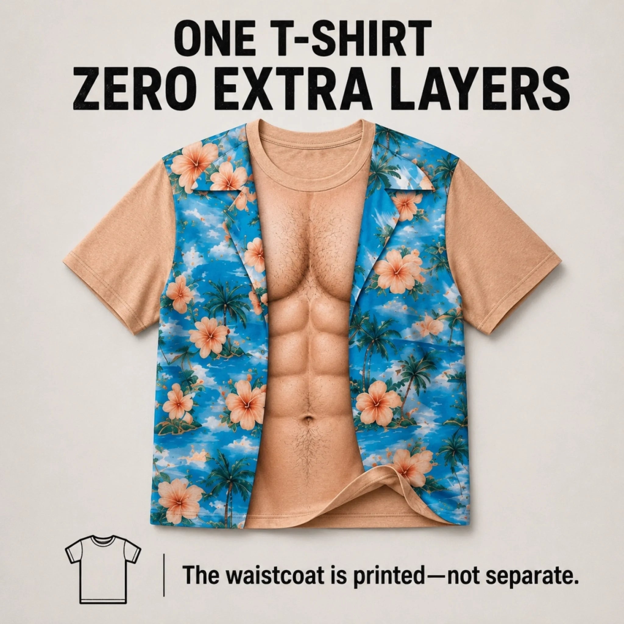 Custom Funny Men’s T-Shirt with Tropical Vest & Bare Chest Illusion – Summer Vacation & Travel Gift for Him