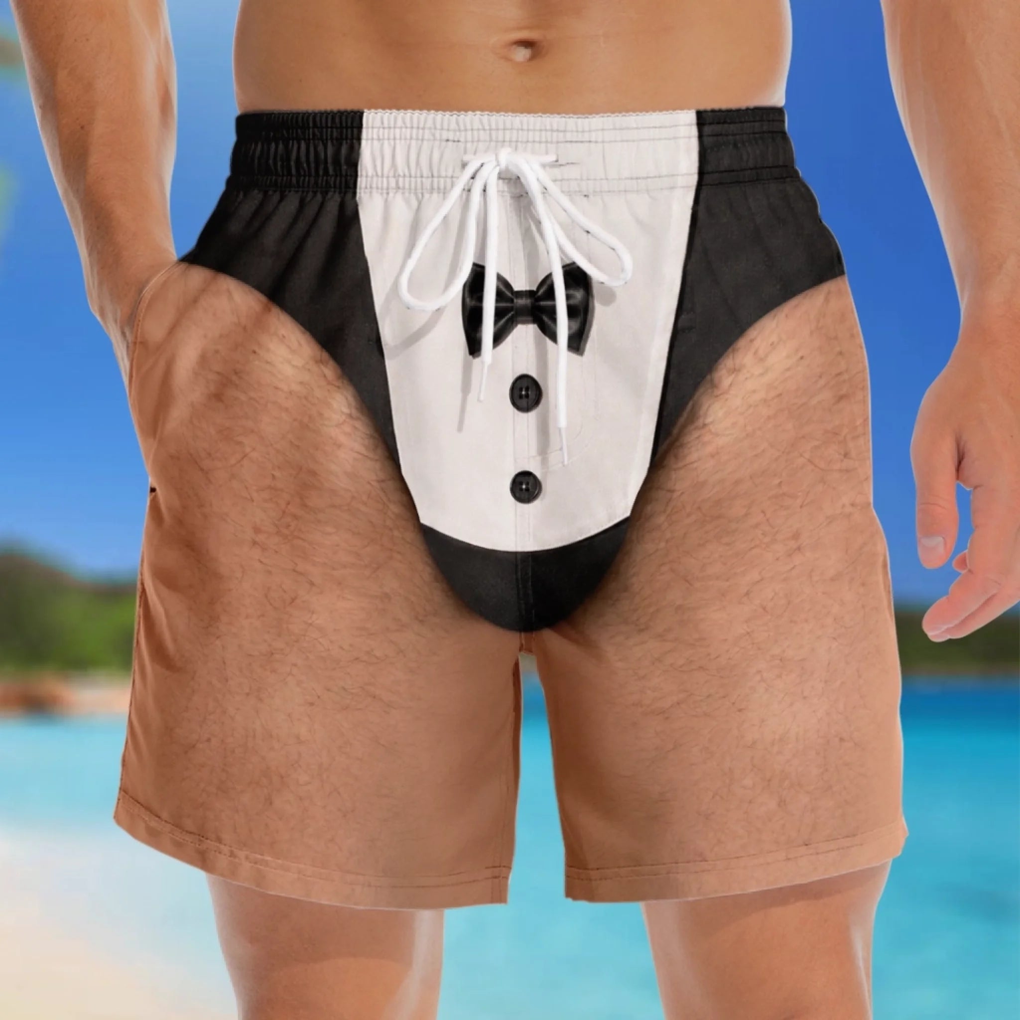 Custom Funny Men‘s Swim Trunks – Personalized Summer Vacation Beach Shorts, “Almost Perfect” Gift for Him with Skin Tone Choice
