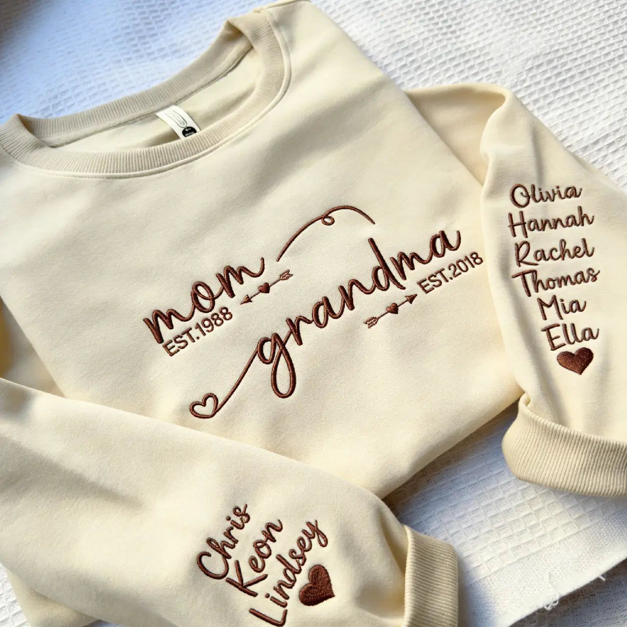 Embroidered Mom to Grandma Sweatshirt - Personalized with Grandkids Names on Sleeves