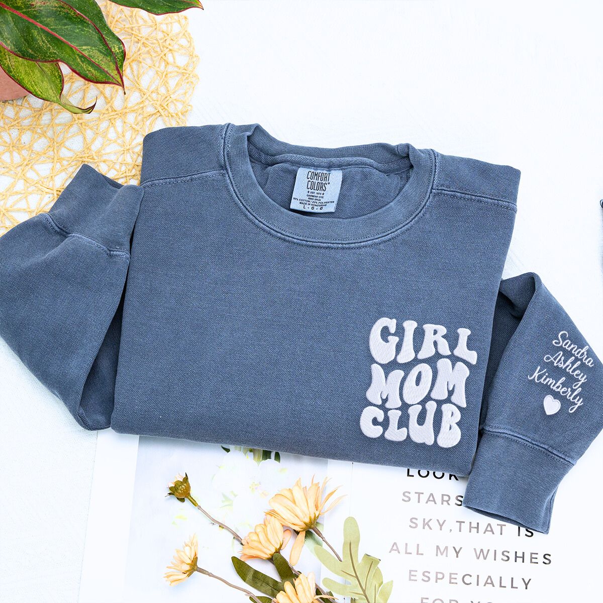 Custom Girl Mom Club Sweatshirt or T-Shirt with Embroidered Kids Names on Sleeve