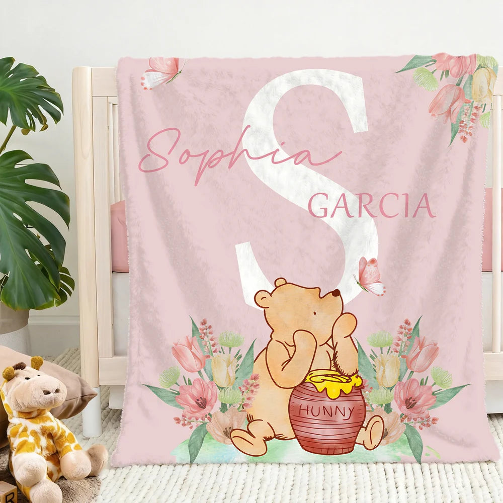 Custom Bear Floral Blanket - Personalized Name & Initial Baby Blanket, Gift for Baby Shower
