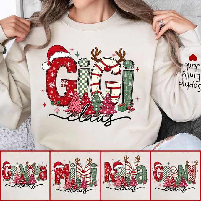 Custom GiGi Claus Christmas Sweatshirt - Personalized with Grandkids Names on Sleeve