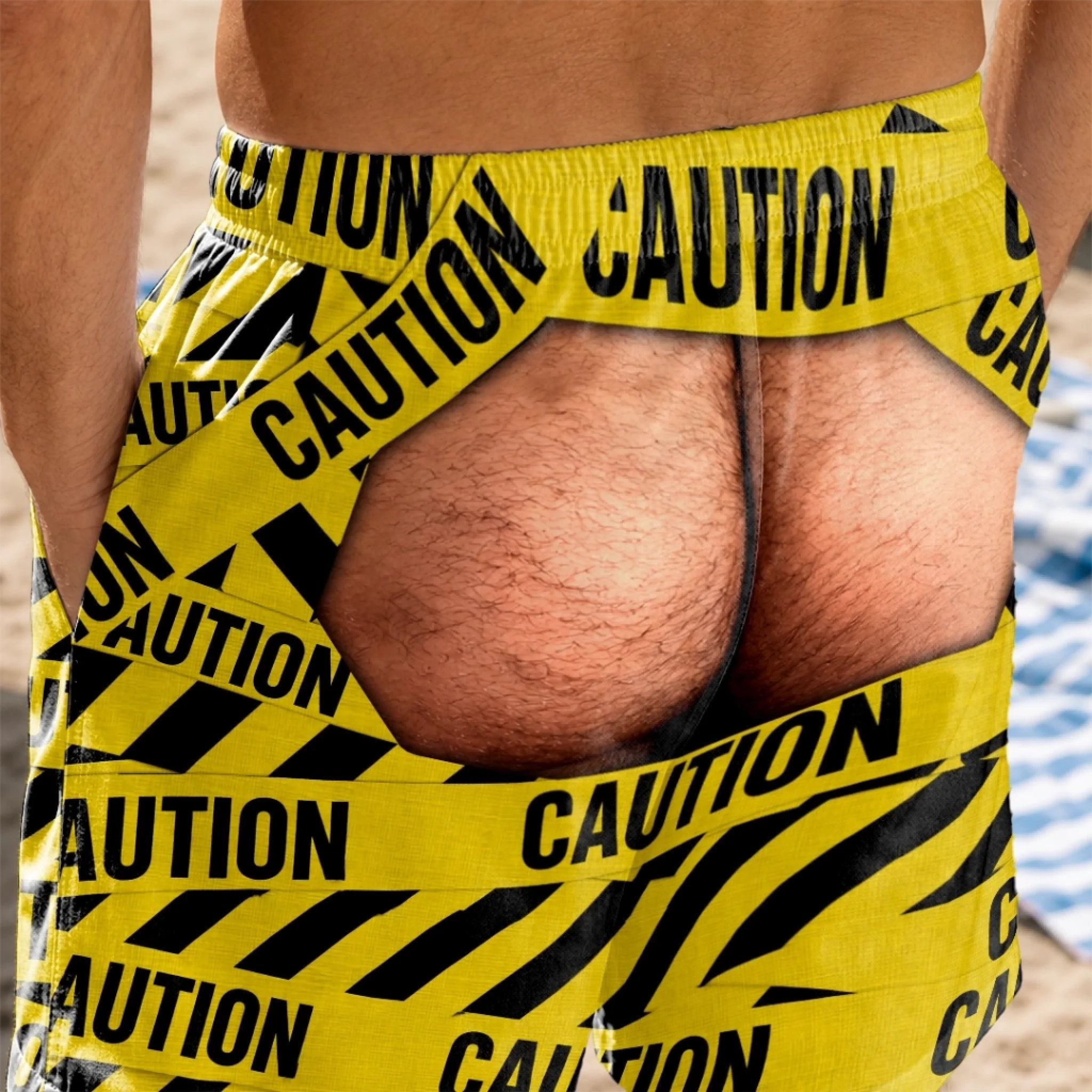 Custom Funny Caution Tape Prank Men’s Swim Trunks, Personalized Fake‑Butt Novelty Swim Shorts, Hilarious Beach Pool Birthday Gift for Dad, Husband, Son, Brother, Grandpa