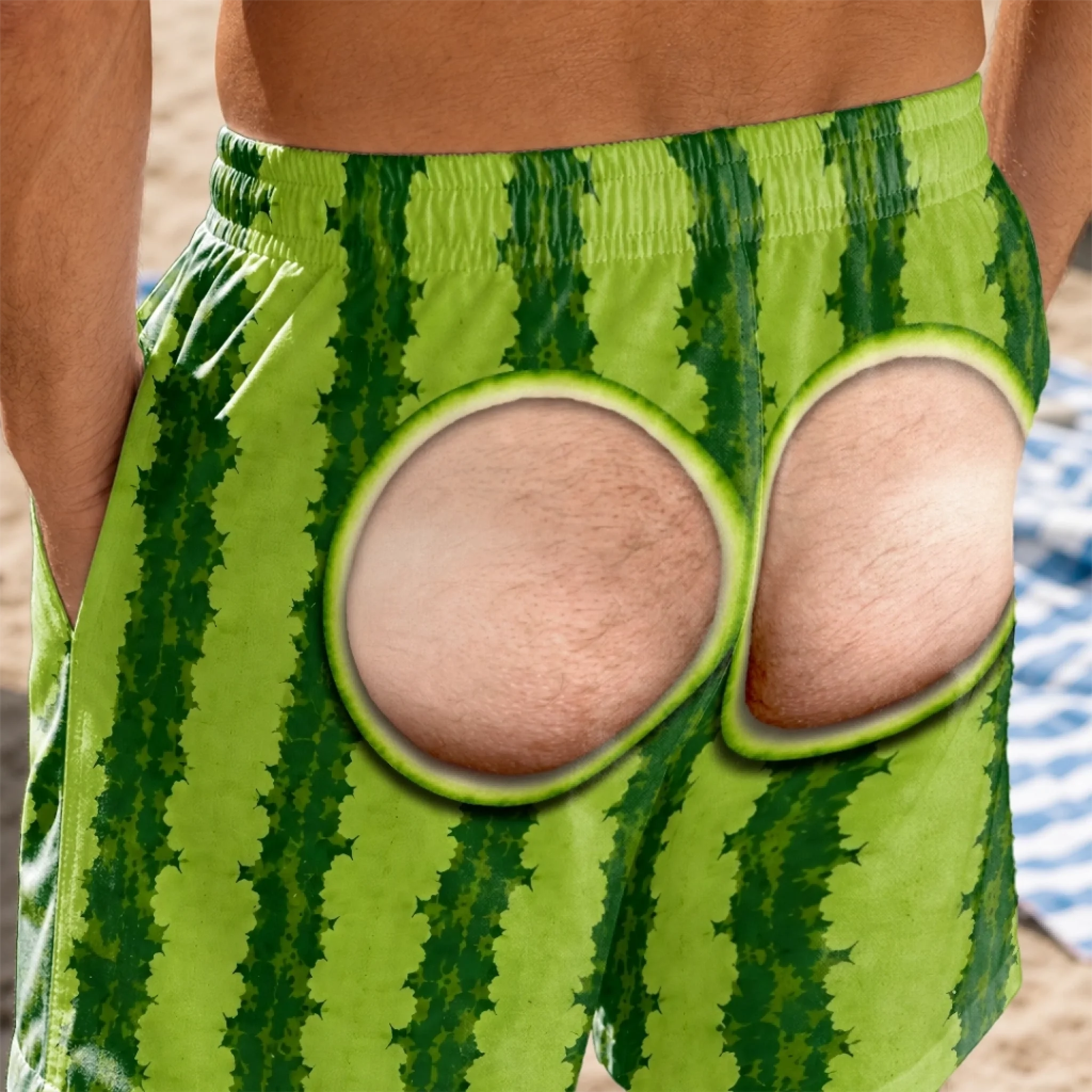 Custom Funny Tropical Fruit Prank Men’s Swim Trunks, Personalized Fake Butt Novelty Swim Shorts, Hilarious Beach Pool Birthday Gift for Dad, Husband, Son, Brother, Grandpa