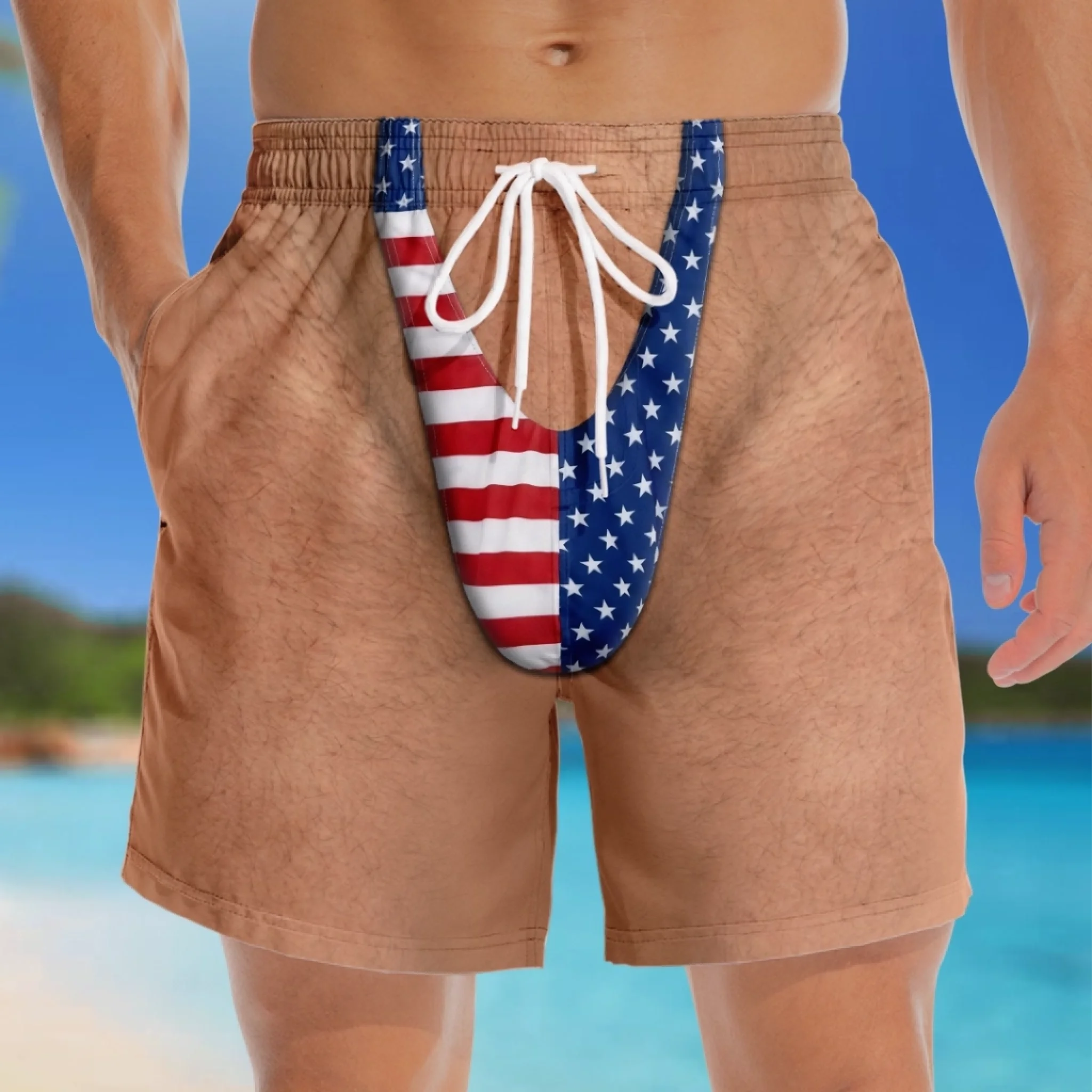 Custom Funny Patriotic Men‘s Swim Trunks – Personalized Summer Vacation Beach Shorts, “Looking Like Trouble” 4th of July Gift for Him with Skin Tone Choice