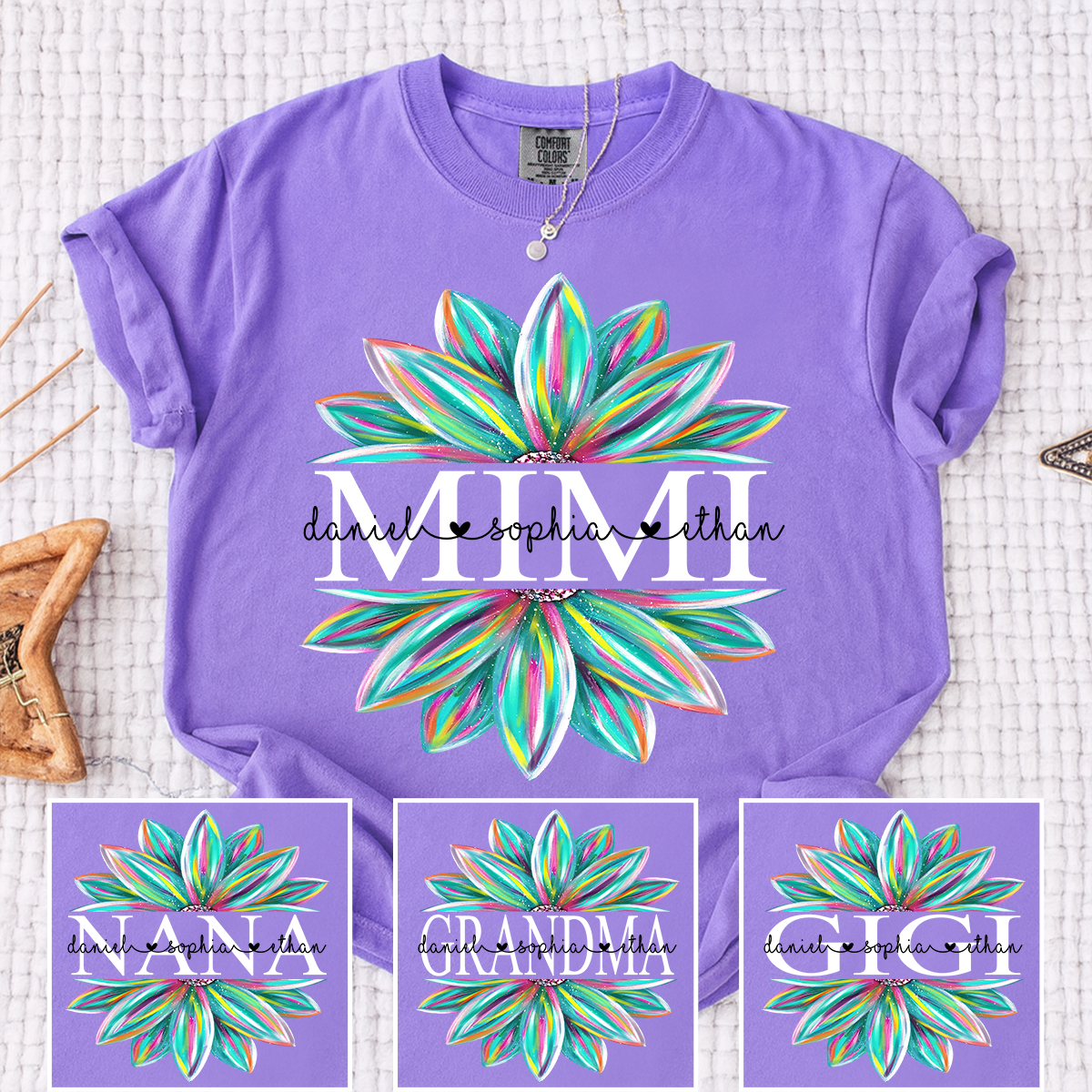 Personalized MIMI T Shirt, Custom Family Names with Colorful Flower Design, Perfect Gift for Mimi