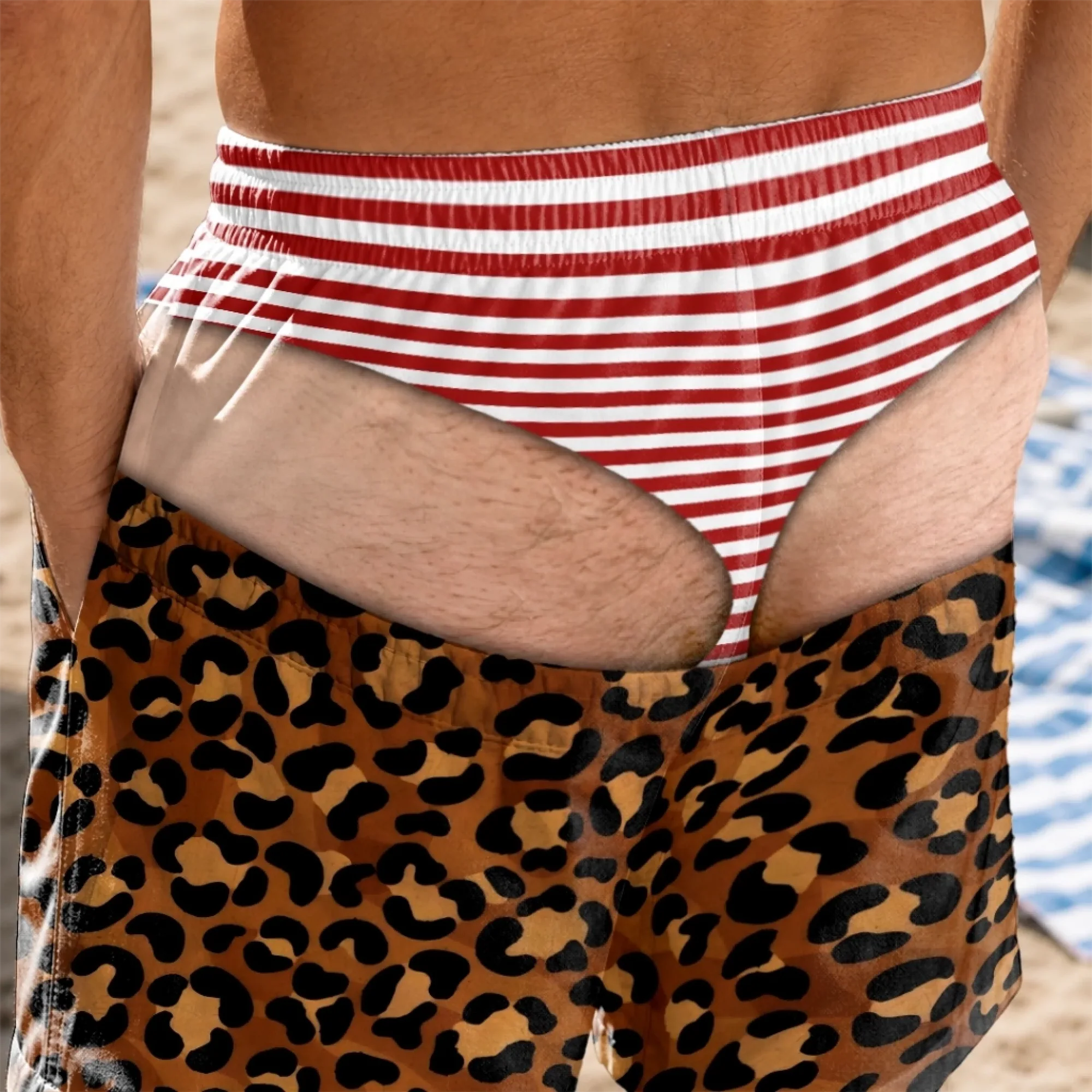 Custom Funny Leopard Print Prank Men’s Swim Trunks, Personalized Fake‑Underwear Novelty Swim Shorts, Hilarious Beach Pool Birthday Gift for Dad, Husband, Son, Brother, Grandpa
