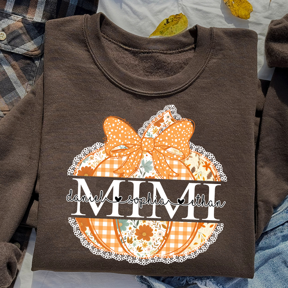 Personalized Mimi Pumpkin Sweatshirt with Grandkids Names – Custom Fall Floral Sweatshirt, Grandma Thanksgiving Gift Apparel