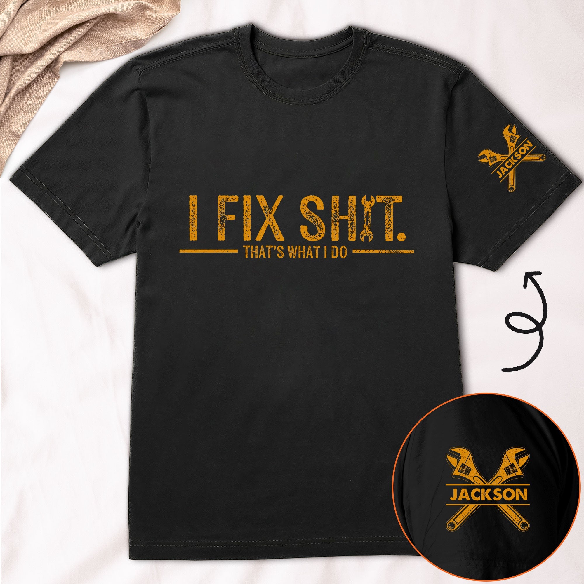 Personalized “I Fix Sh!t” Mechanic Shirt with Name on Sleeve – Funny Father’s Day & Birthday Gift for Dad