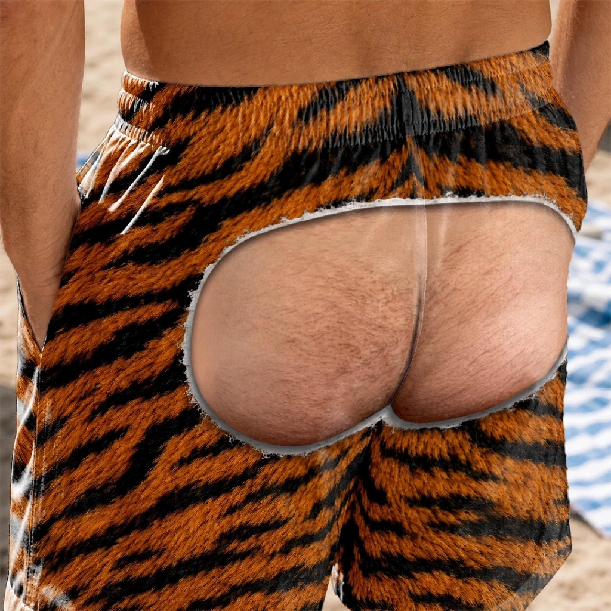Custom Funny Men’s Swim Trunks with Rear View Illusion – Leopard, Zebra & Tiger Patterns, Birthday & Beach Vacation Gift for Him