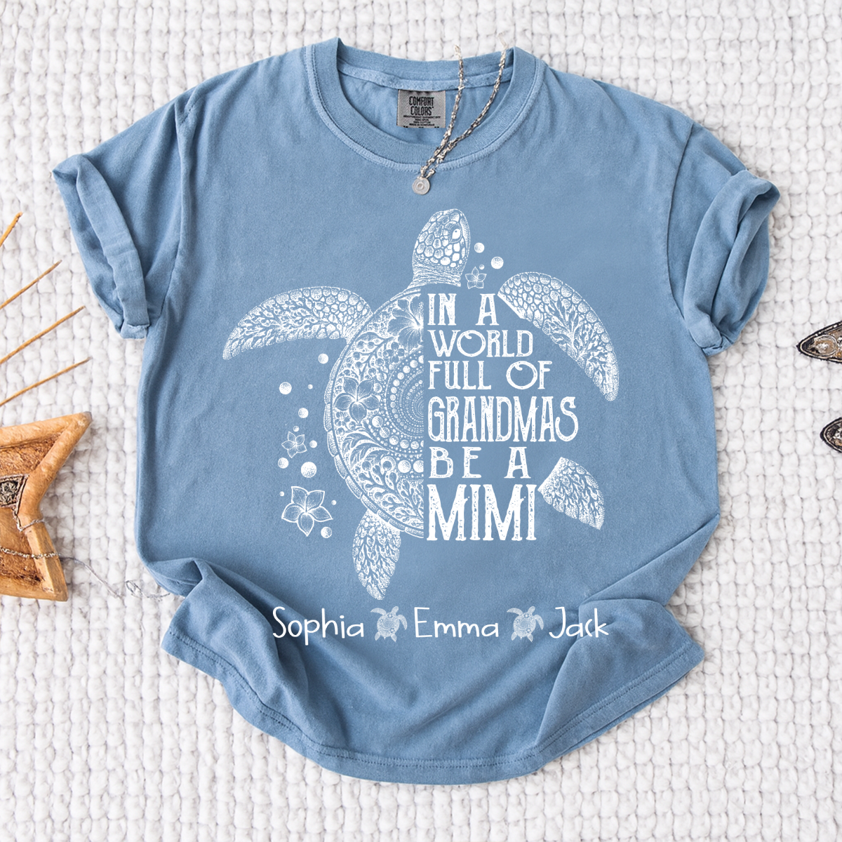 Personalized Mimi Sea Turtle Shirt with Grandkids’ Names – “In a World Full of Grandmas” Summer Vacation Gift