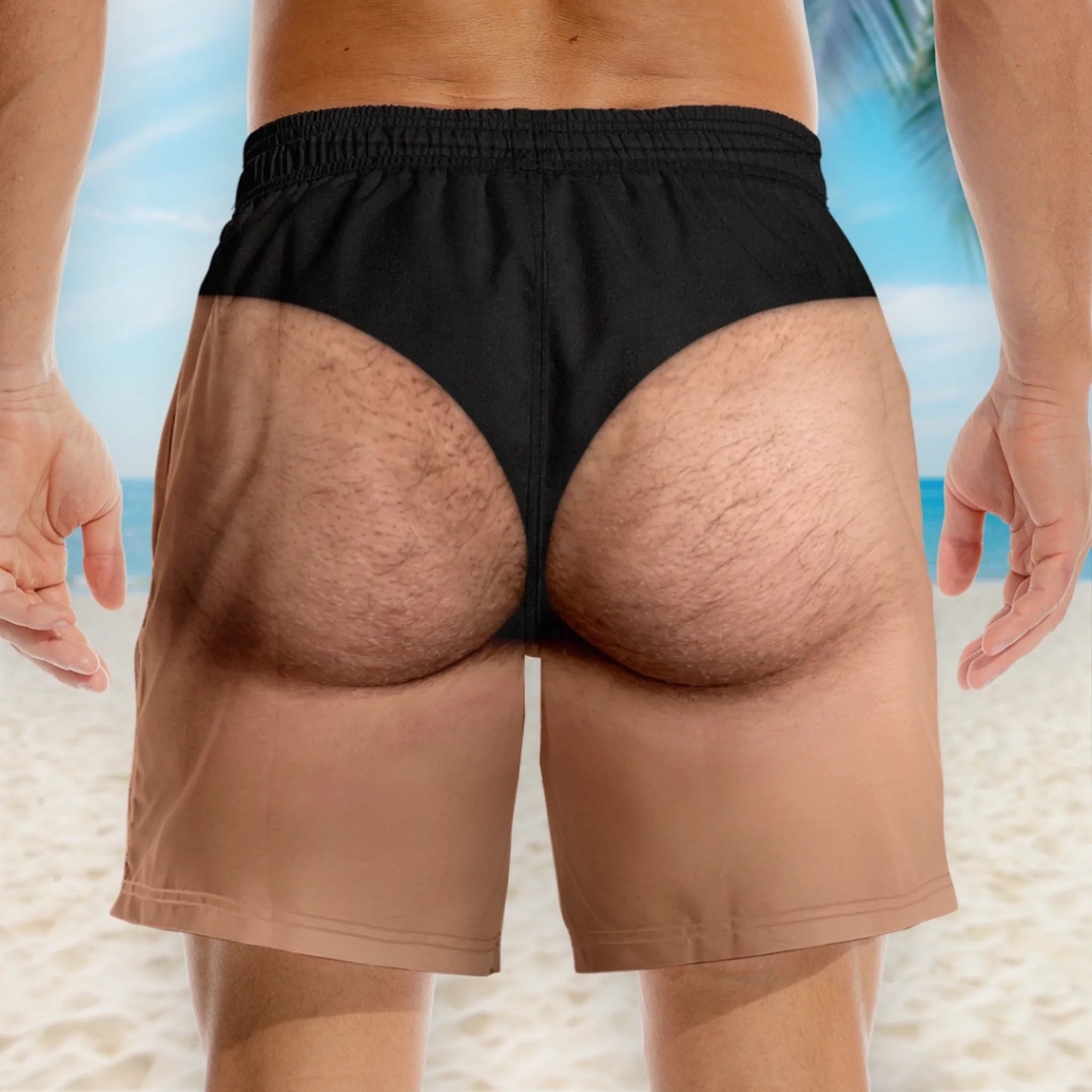 Custom Funny Men‘s Swim Trunks – Personalized Summer Vacation Beach Shorts, “Almost Perfect” Gift for Him with Skin Tone Choice