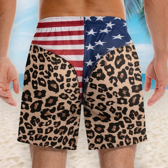 Custom Patriotic Men‘s Swim Trunks – Personalized American Flag Leopard Beach Shorts, Funny Summer Vacation & Travel Gift for Men, Freedom Swimwear