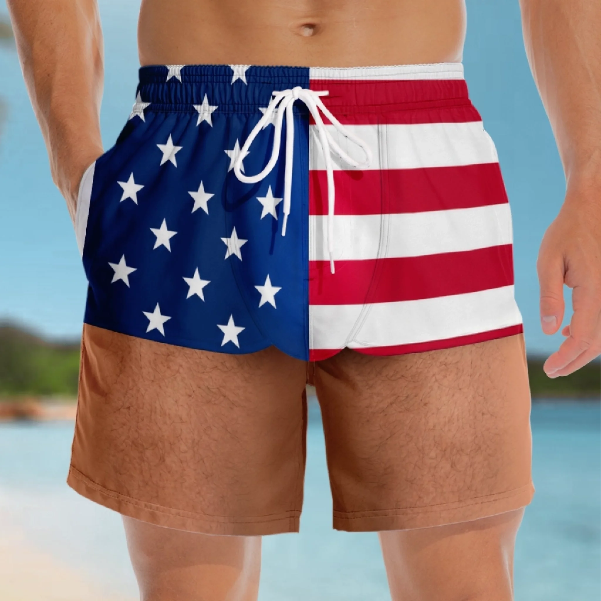 Custom Funny Men’s Swim Trunks with Rear View Illusion – Patriotic, Leopard & Metallic Patterns, Birthday Gift for Him