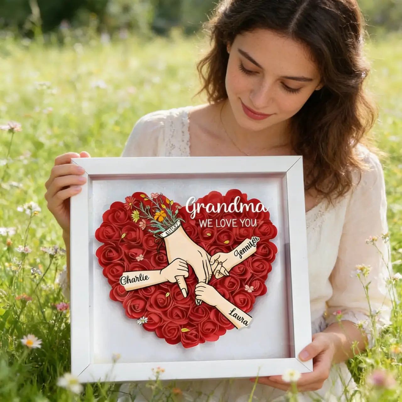 Custom Grandma Heart Rose Shadow Box - Personalized Hand in Hand with Grandkids Names