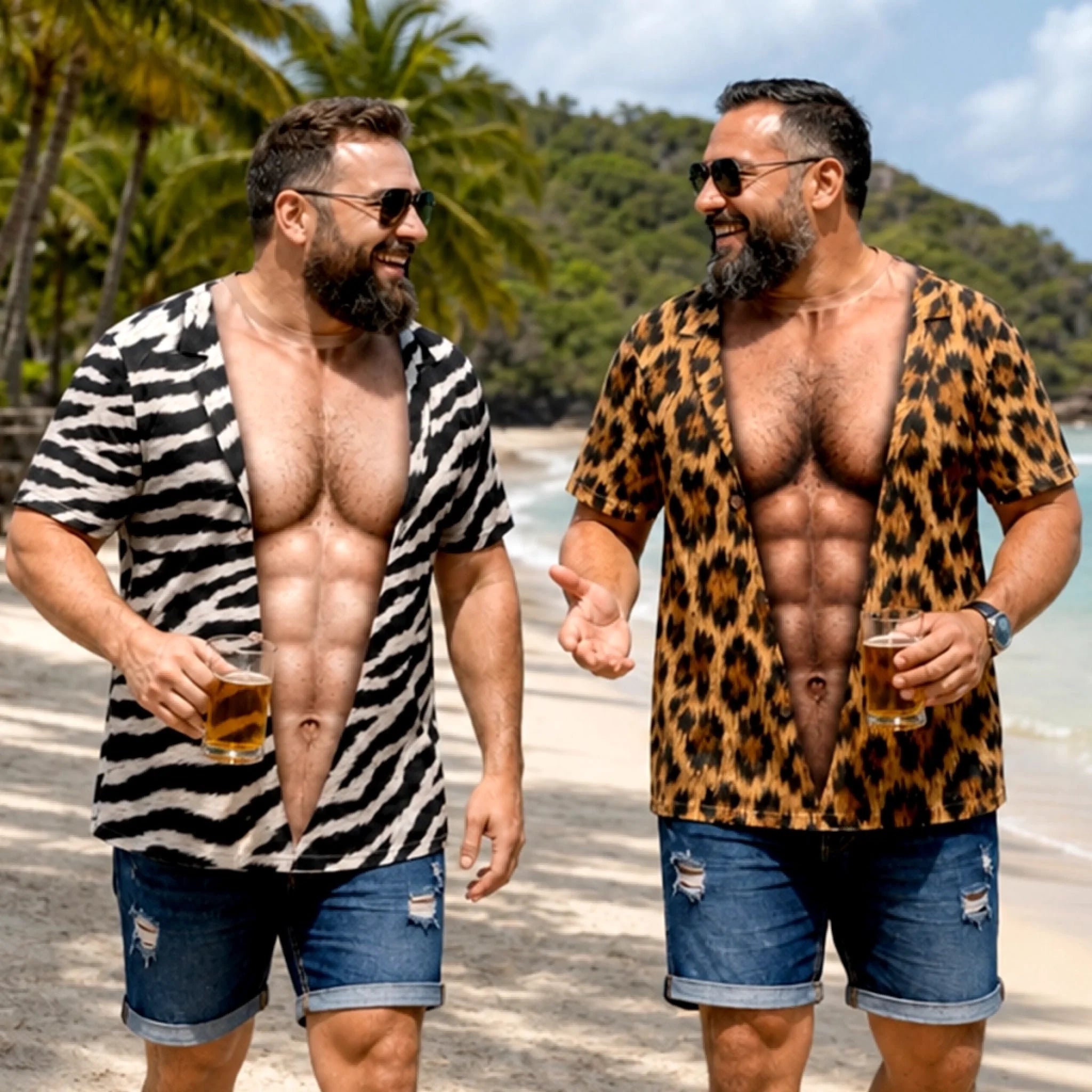 Custom Funny Men’s T-Shirt with Wild Animal Print Chest Illusion – Summer Vacation & Travel Gift for Him