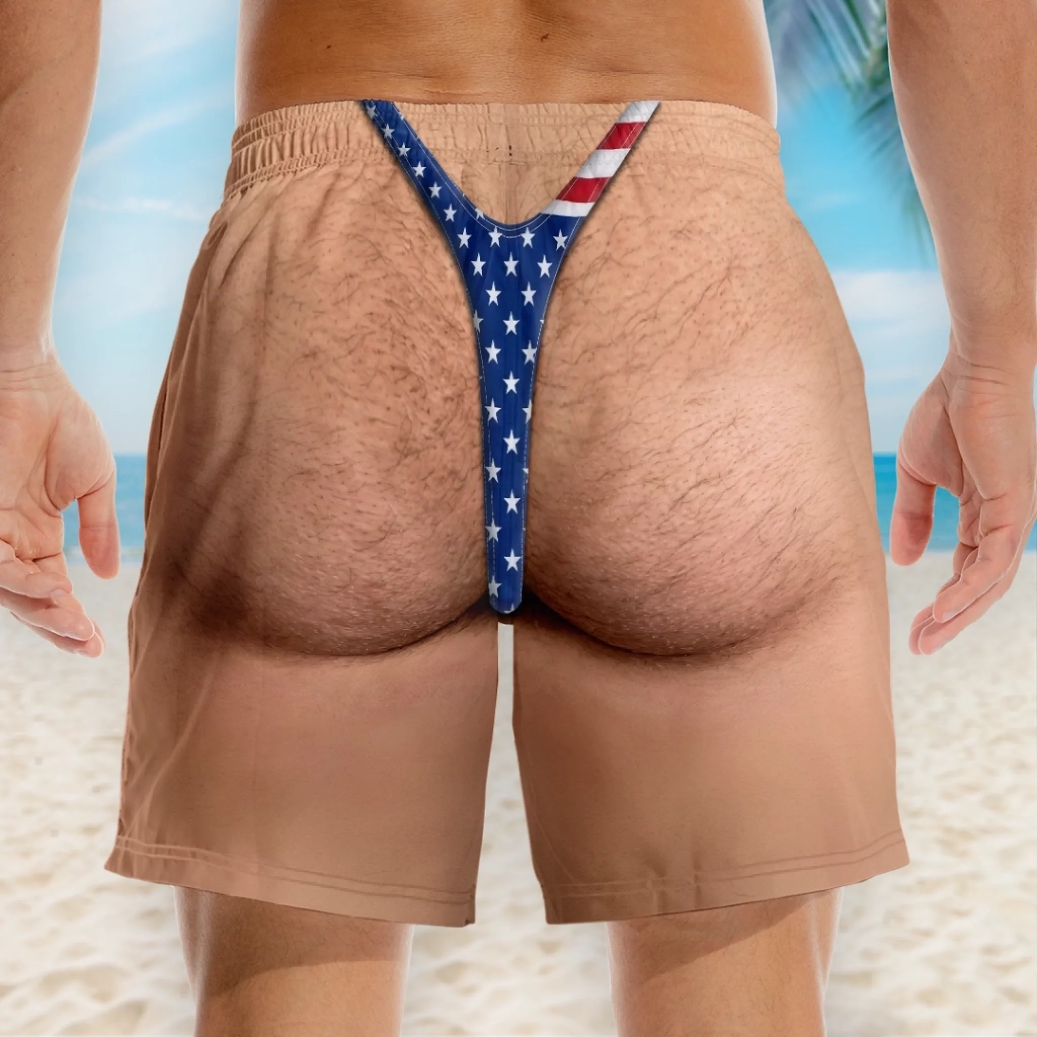 Custom Funny Patriotic Men‘s Swim Trunks – Personalized Summer Vacation Beach Shorts, “Looking Like Trouble” 4th of July Gift for Him with Skin Tone Choice