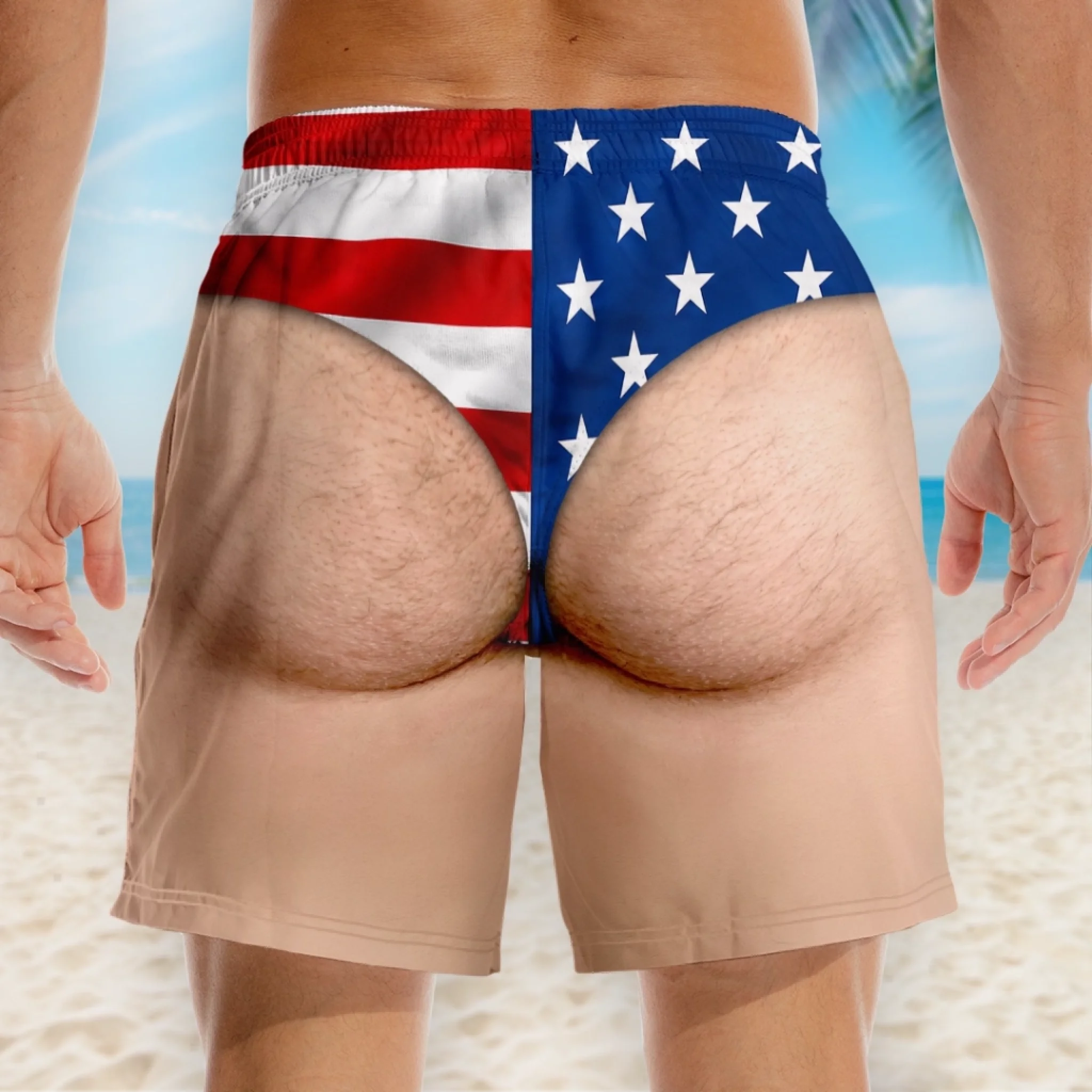 Custom Funny Patriotic Men‘s Swim Trunks – Personalized Summer Vacation Beach Shorts, “Looking Beach Ready” 4th of July Gift for Him with Skin Tone Choice