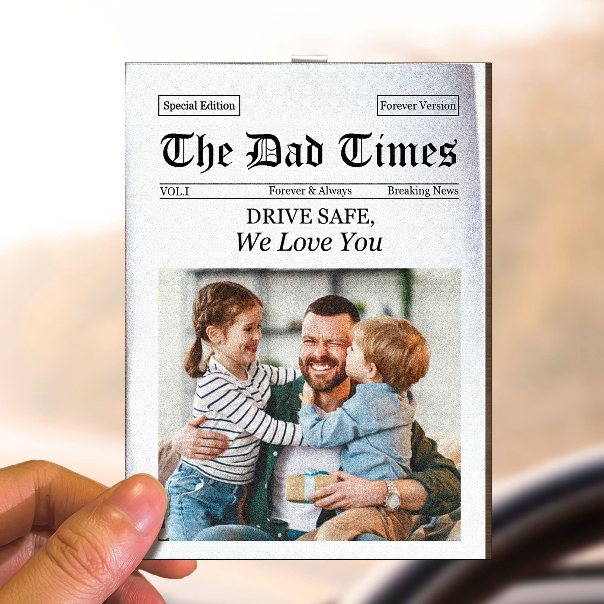 Personalized The Dad Times Drive Safe Car Visor Clip – Custom Photo Newspaper Style Gift for Dad, Father’s Day Car Accessory